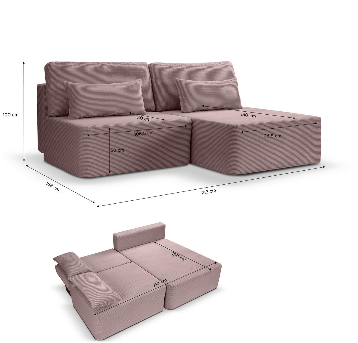 ECKSOFA AMSTERIX Altrosa Cord  - Schwarz/Altrosa, Basics, Kunststoff/Textil (213/158cm) - MID.YOU