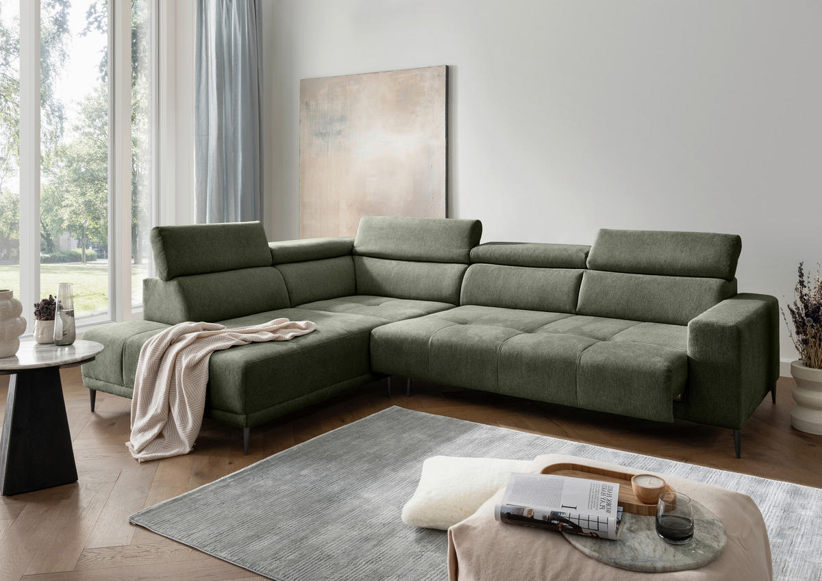 ECKSOFA Chenille Dunkelgrün  - Dunkelgrün/Schwarz, Konventionell, Textil/Metall (225/305cm) - Livetastic