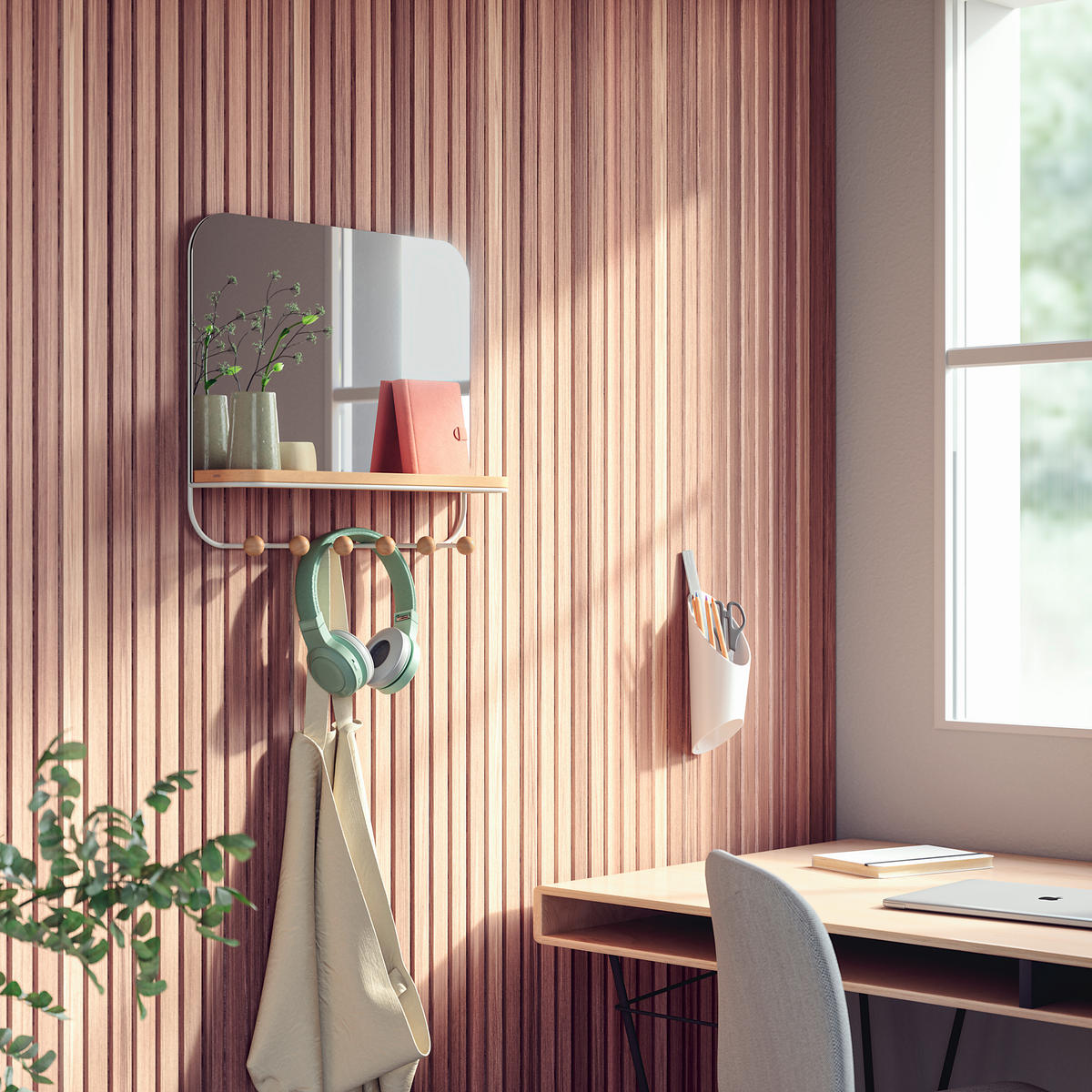 NÁSTĚNNÉ ZRCADLO 46/41/10 cm  - bílá/přírodní barvy, Basics, kov/dřevo (46/41/10cm) - Umbra