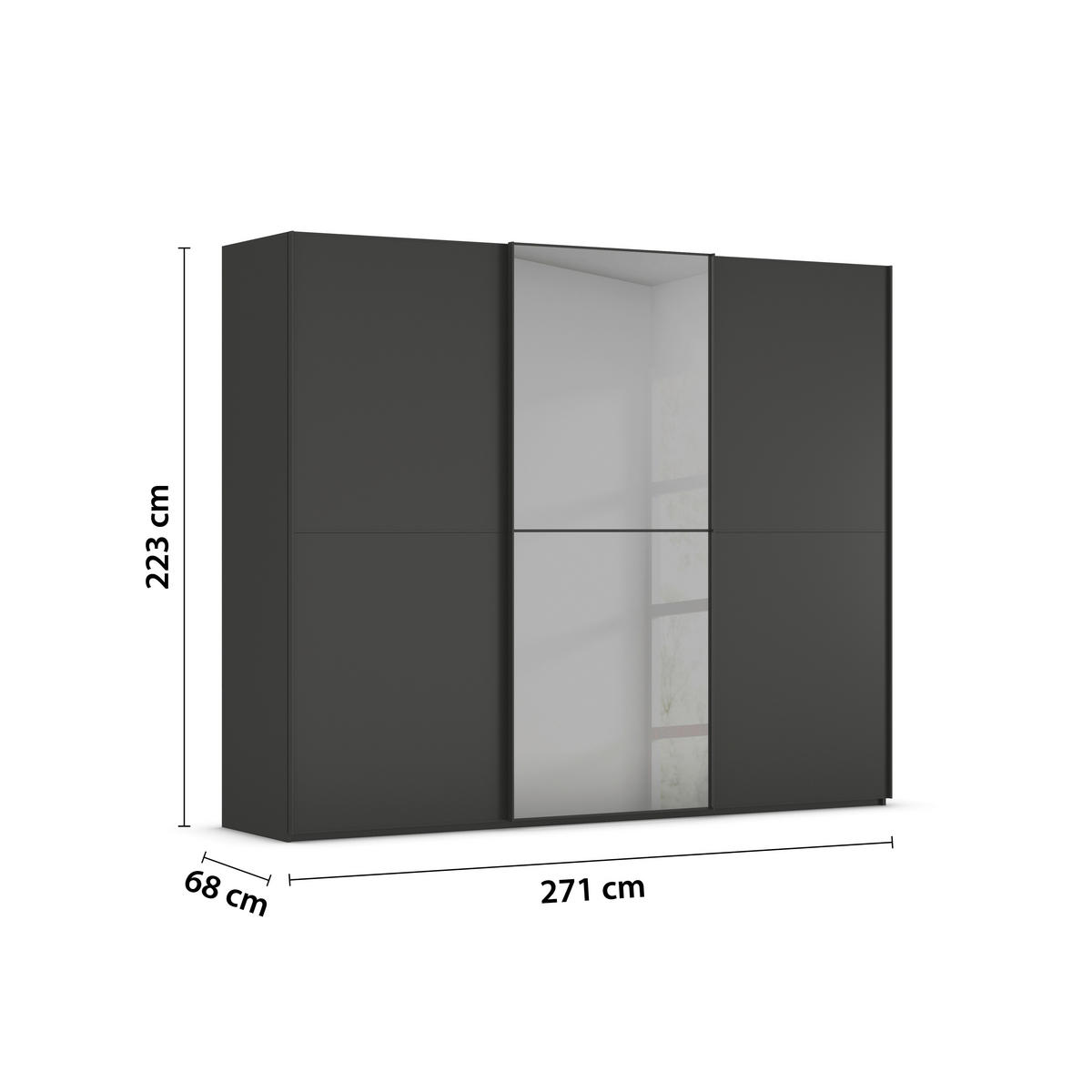 SCHWEBETÜRENSCHRANK 271/223/68 cm 3-türig Graphitfarben  - Graphitfarben, KONVENTIONELL, Glas/Holzwerkstoff (271/223/68cm) - Novel