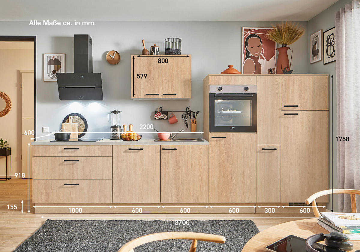 KÜCHENBLOCK PN 100 370 cm  in Eichefarben, Beigebraun  - Eichefarben/Beigebraun, Design, Holzwerkstoff/Metall (370cm) - Pino