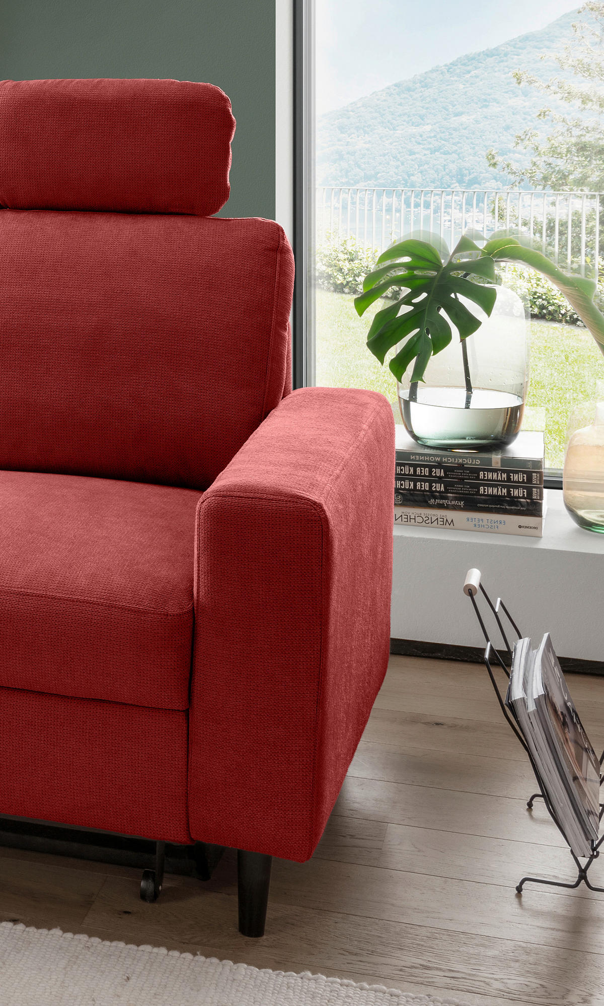 ECKSCHLAFSOFA in Chenille Rot  - Rot/Schwarz, Modern, Holz/Textil (147/234cm) - Livetastic