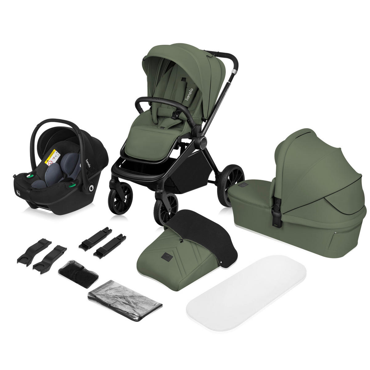 KINDERWAGENSET  Mika Plus 3 in 1  Green Olive  - Schwarz/Olivgrün, Basics, Textil (93/62/110cm) - Lionelo