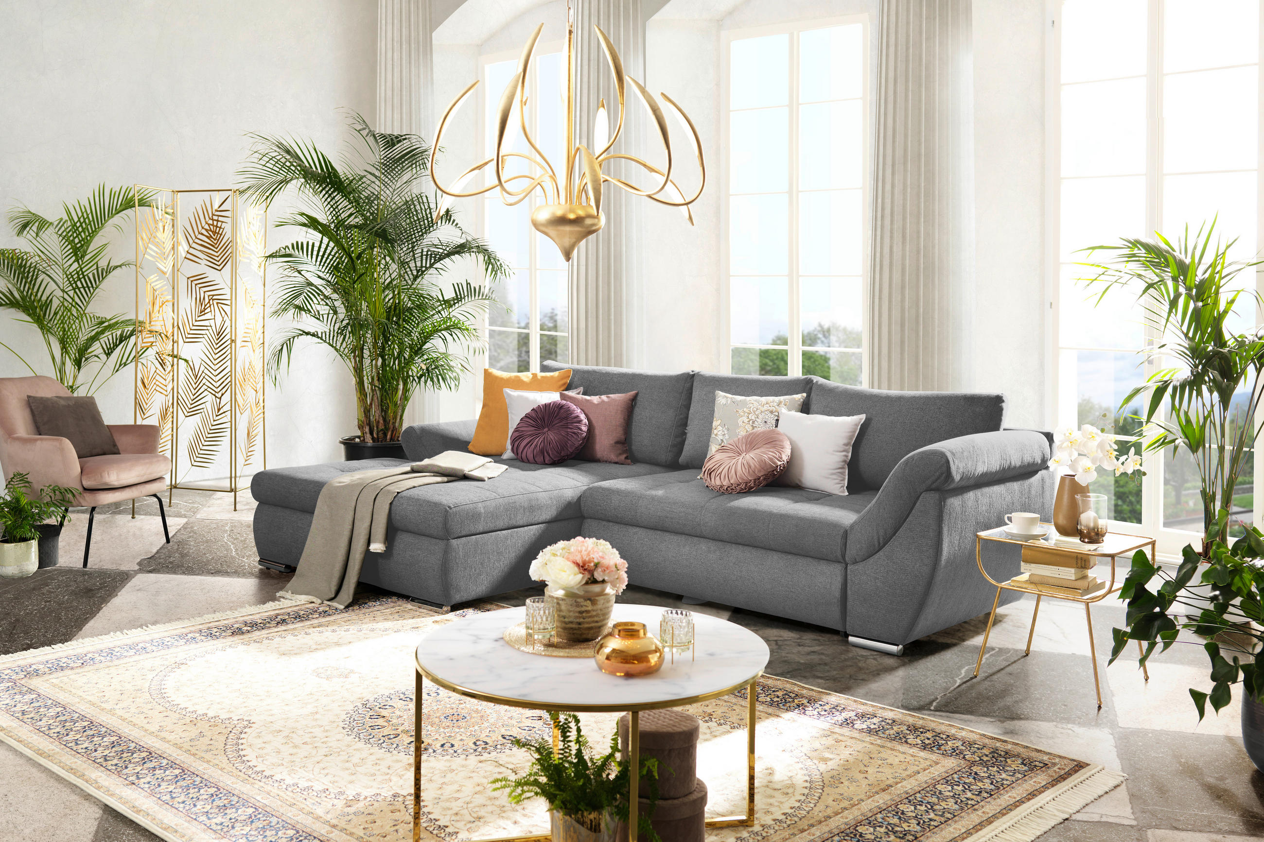 ECKSOFA in Flachgewebe Hellgrau  - Silberfarben/Hellgrau, Design, Textil/Metall (174/306cm) - MID.YOU