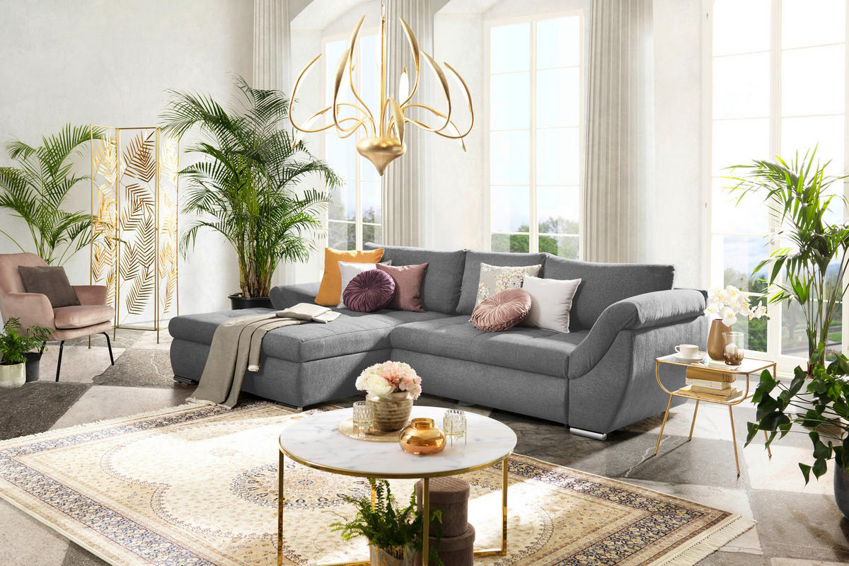 ECKSOFA in Flachgewebe Hellgrau  - Silberfarben/Hellgrau, Design, Textil/Metall (174/306cm) - MID.YOU
