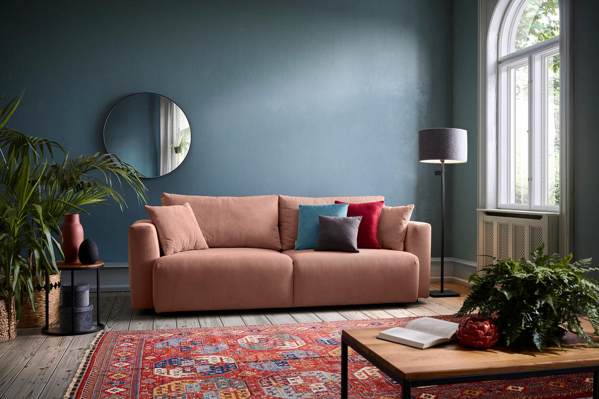 SCHLAFSOFA  mit Stoffauswahl, Schlafen auf Sitzhöhe, Rücken echt Cord Koralle  - Koralle/Schwarz, Design, Kunststoff/Textil (250/92/105cm) - Carryhome