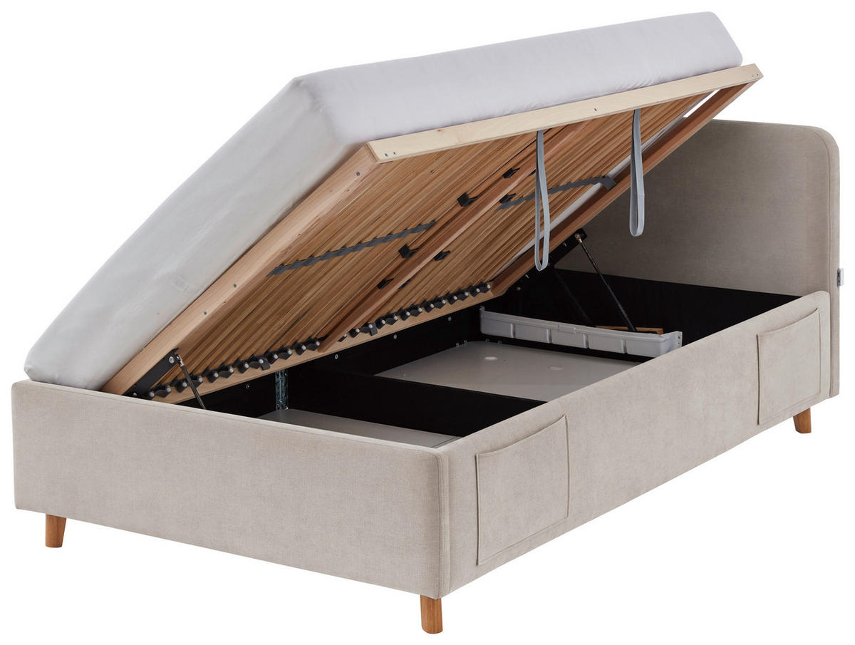 POLSTERBETT 120/200 cm,  in Eichefarben, Beige, Lattenrost, Bettkasten, Betttasche,  - Eichefarben/Birkefarben, KONVENTIONELL, Holz/Textil (120/200cm) - Boxxx