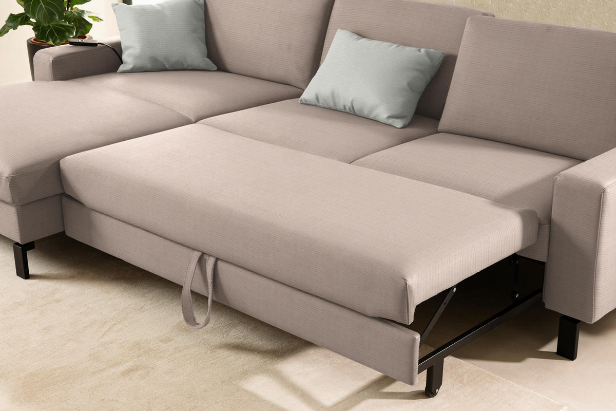 ECKSOFA  in Cord Taupe Rücken echt, Sitztiefenverstellung  185/298 cm  - Taupe/Schwarz, Design, Textil/Metall (185/298cm) - Pure Home Lifestyle