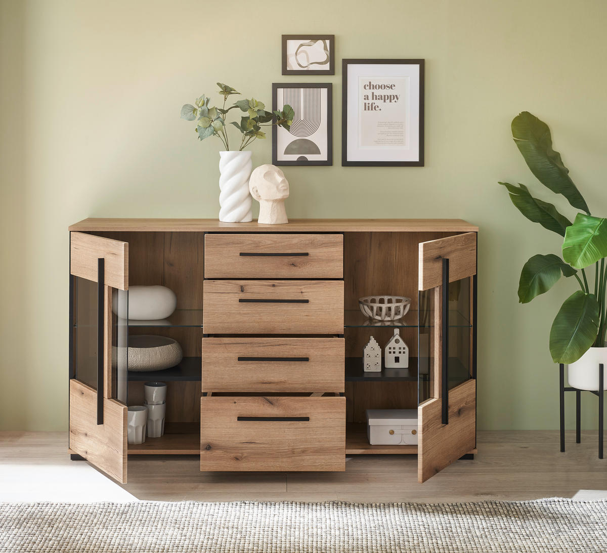 SIDEBOARD  150/86/42 cm 4 Schublade(n)  - Eichefarben/Schwarz, Design, Glas/Holzwerkstoff (150/86/42cm) - Livetastic