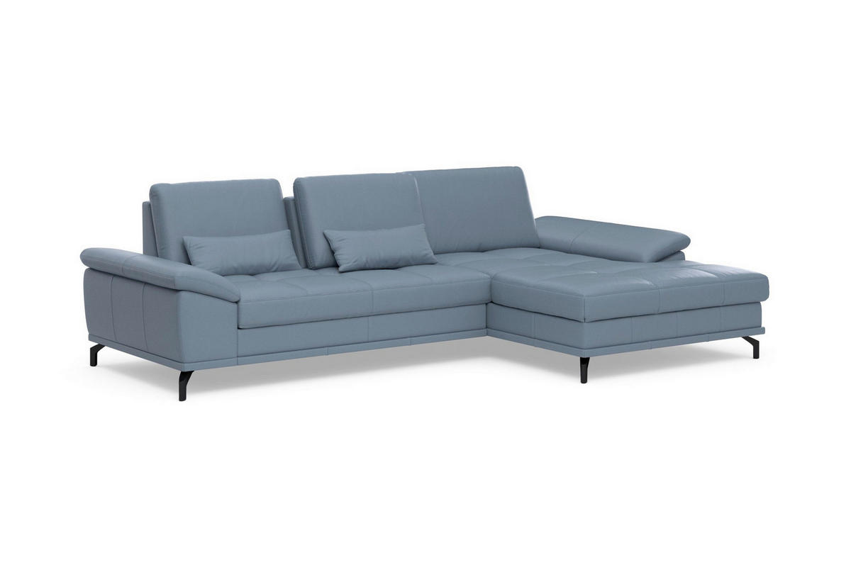 ECKSOFA COSTELLO E Graublau Echtleder Nierenkissen, Armteilverstellung, Sitztiefenverstellung  - Graublau/Schwarz, Basics, Leder/Textil (301/176cm) - Sit & More