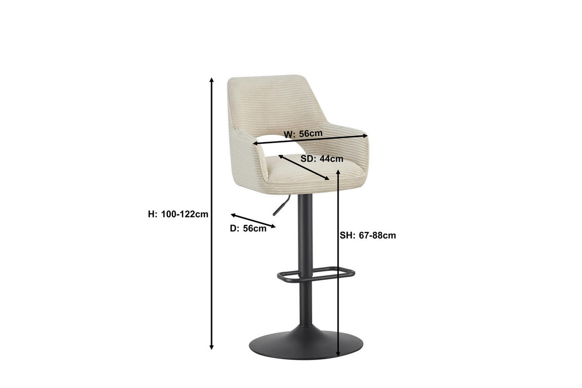 BARHOCKER Cord Schwarz, Beige Eisen Sitzfläche 360° drehbar, inklusive Armlehnen  - Beige/Schwarz, Design, Textil/Metall (56/102-123/58cm) - Hom`in