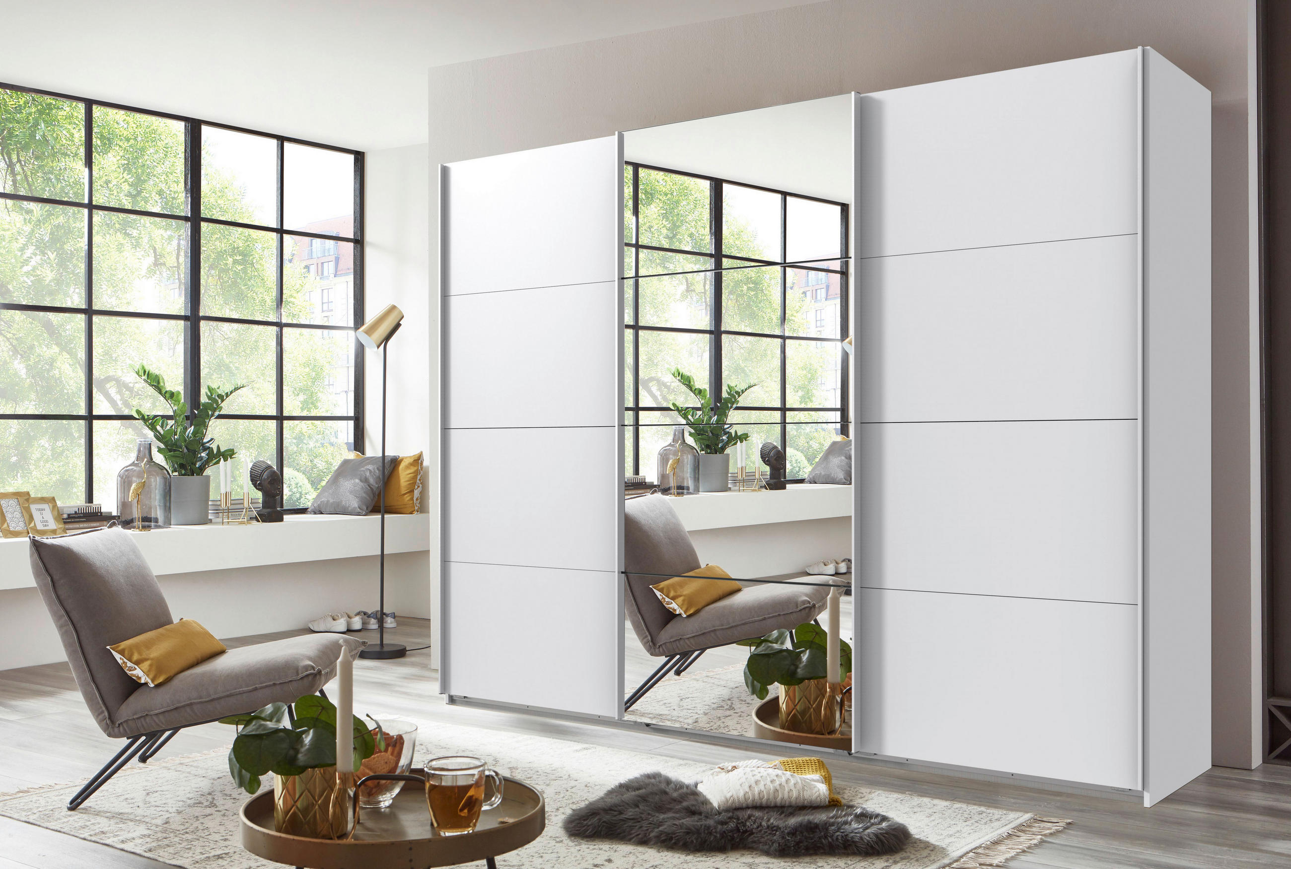 SCHWEBETÜRENSCHRANK in Weiss  - Weiss, Modern, Glas/Holzwerkstoff (270/208/64cm) - MID.YOU