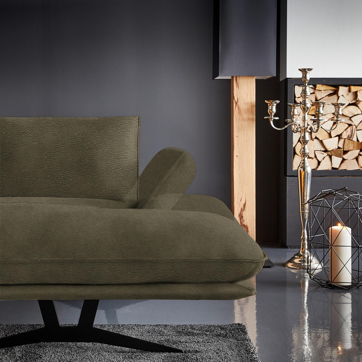 WOHNLANDSCHAFT  in Echtleder Olivgrün  - Schwarz/Olivgrün, Natur, Leder/Metall (217/359/155cm) - Dieter Knoll