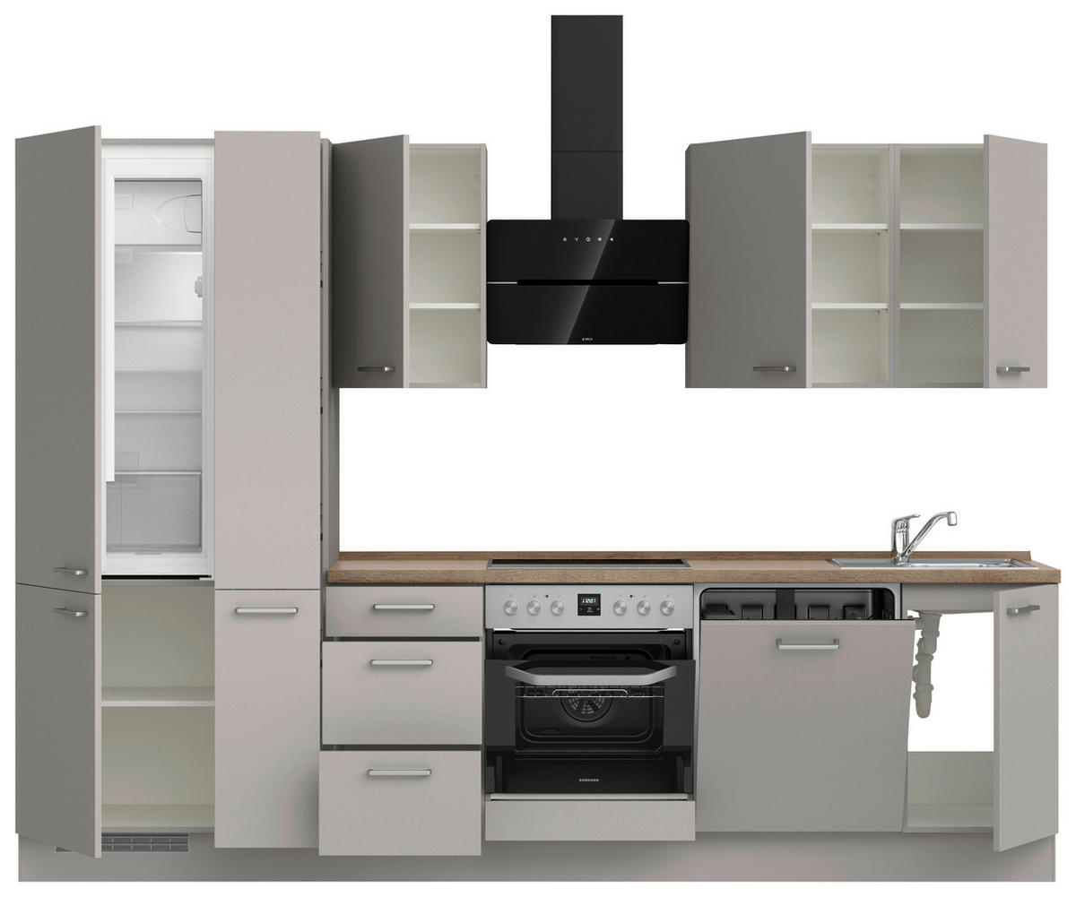 KÜCHENBLOCK 300 cm   in Grau, Eiche dunkel  - Eiche dunkel/Edelstahlfarben, MODERN, Holzwerkstoff/Metall (300cm) - Nobilia
