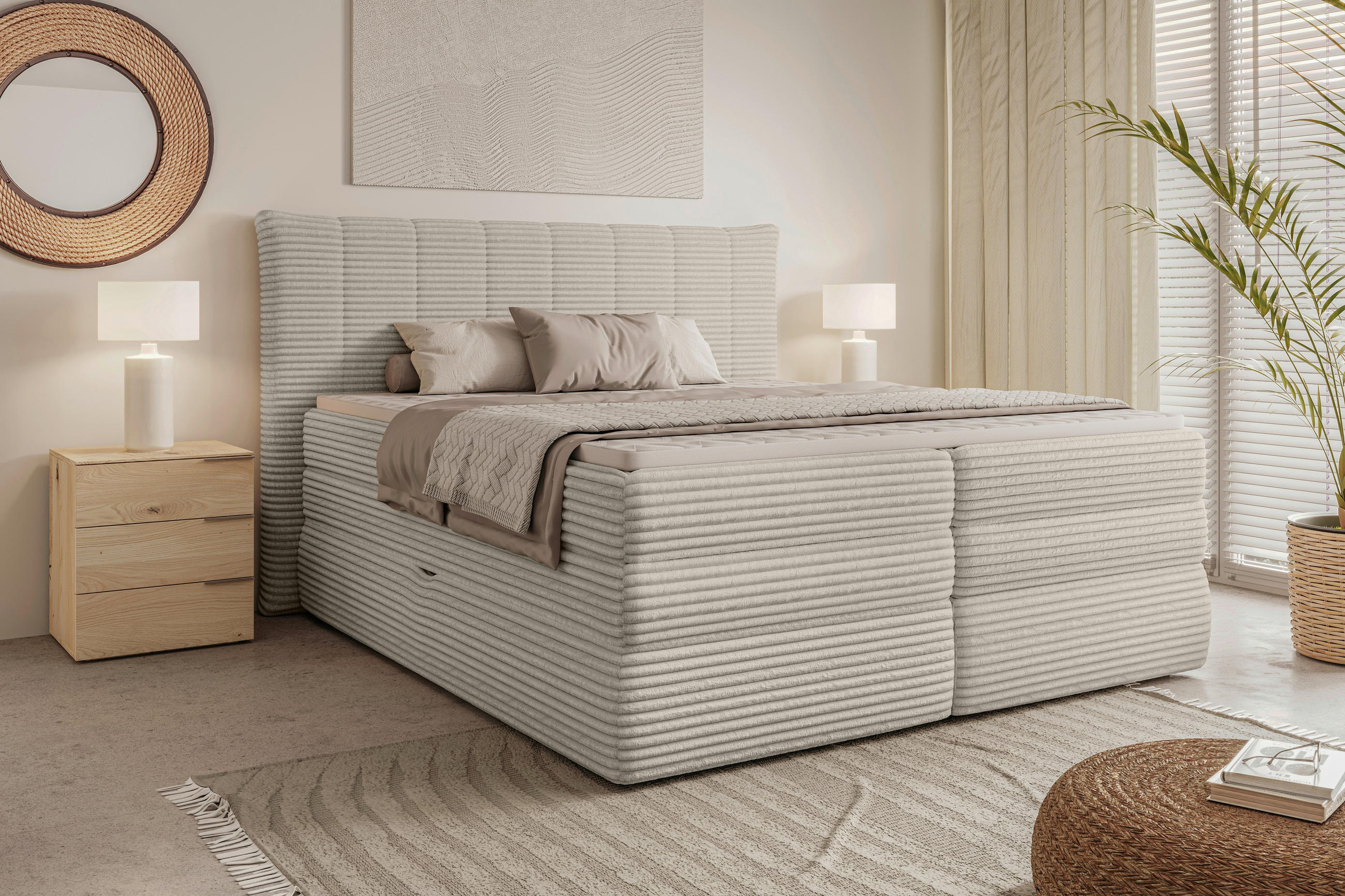 BOXSPRINGBETT 180/200 cm,  in Beige, gepolstertes Kopfteil, Bettkasten, Topper, Matratzen, H2 + H3 = mittel + fest  - Beige/Schwarz, Design, Kunststoff/Textil (180/200cm) - Chameo