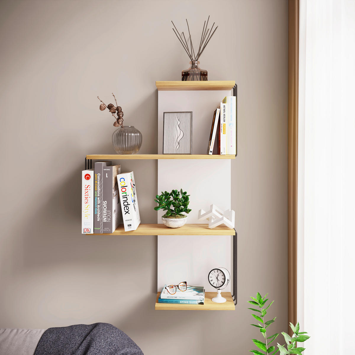Poliță De Perete 68/98/19 cm, alb, culoare lemn stejar  - alb/culoare lemn stejar, Design, material pe bază de lemn (68/98/19cm) - Livetastic