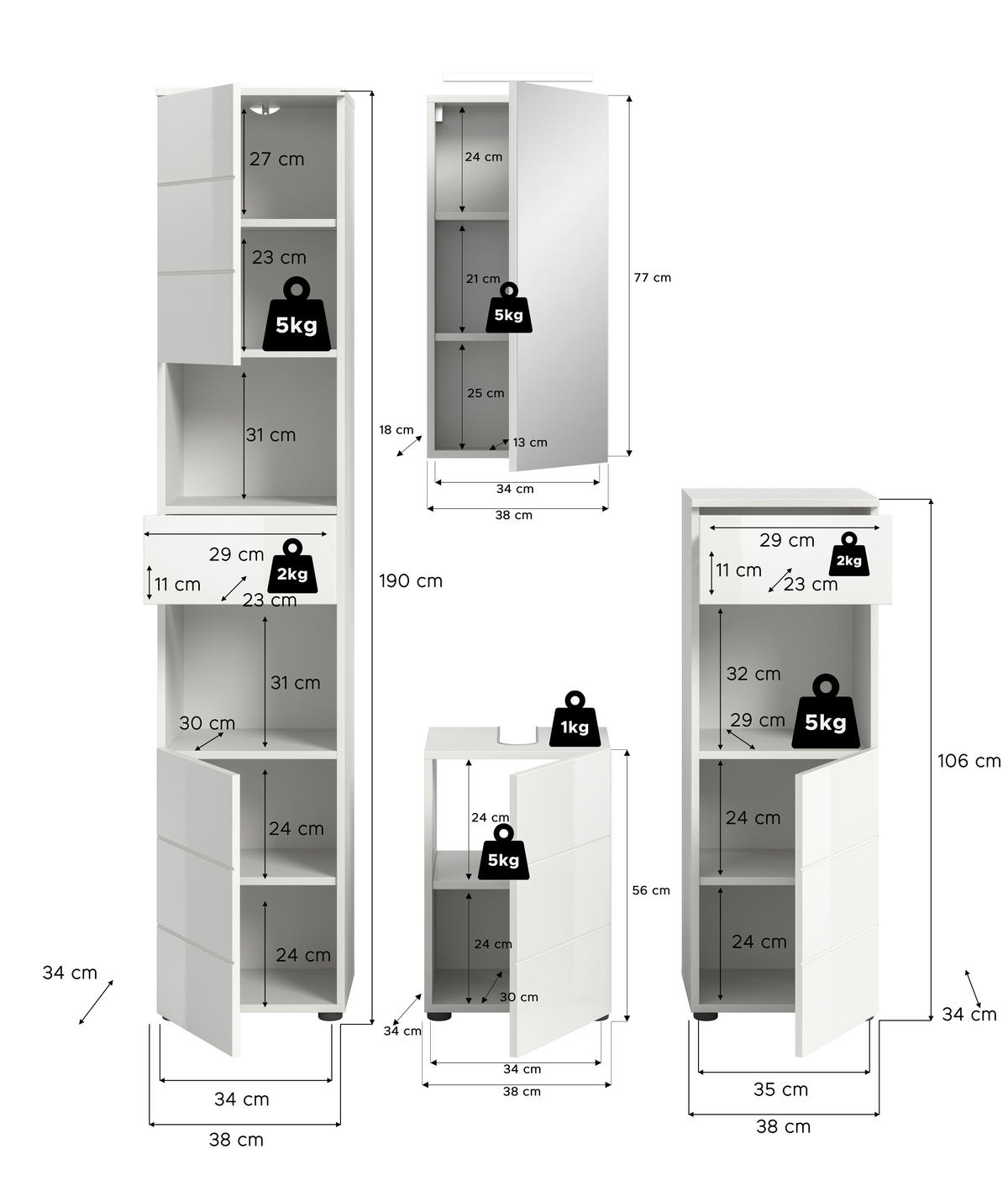 BADEZIMMER 4-teilig  in 114 cm  - Weiß Hochglanz/Schwarz, MODERN, Holzwerkstoff/Kunststoff (114cm) - MID.YOU