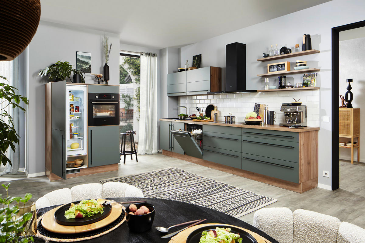 EINBAUKÜCHE 512  - Eichefarben/Thymiangrün, Basics, Holzwerkstoff/Metall - Venda