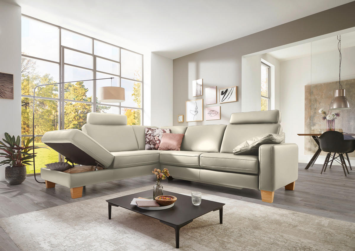 ECKSOFA in Echtleder Ecru  235/257 cm  - Ecru/Eiche Bianco, KONVENTIONELL, Leder/Holz (235/257cm) - Valdera