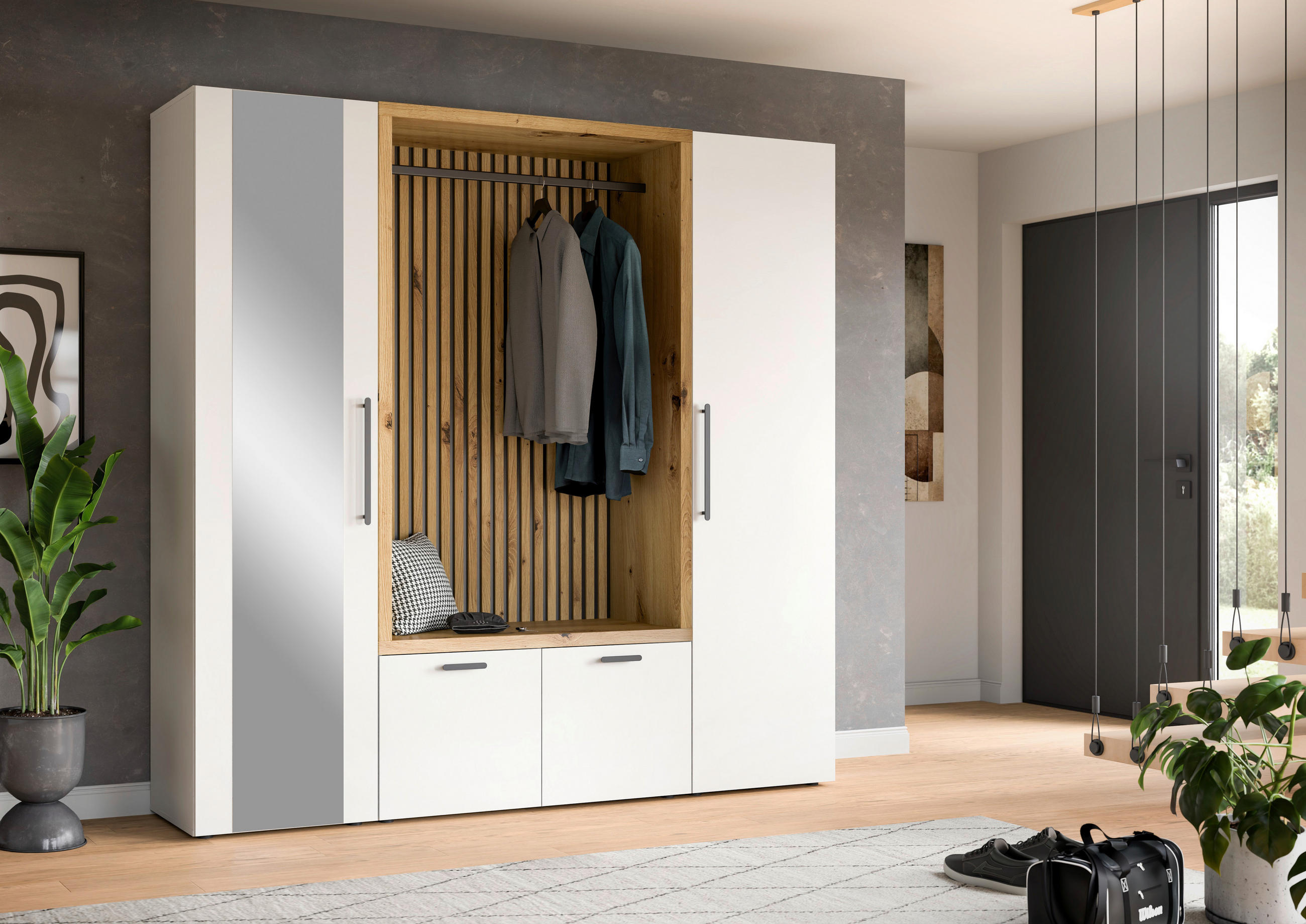 GARDEROBE  in 216/200/47 cm  - Weiß/Eiche Artisan, MODERN, Glas/Holzwerkstoff (216/200/47cm) - Voleo