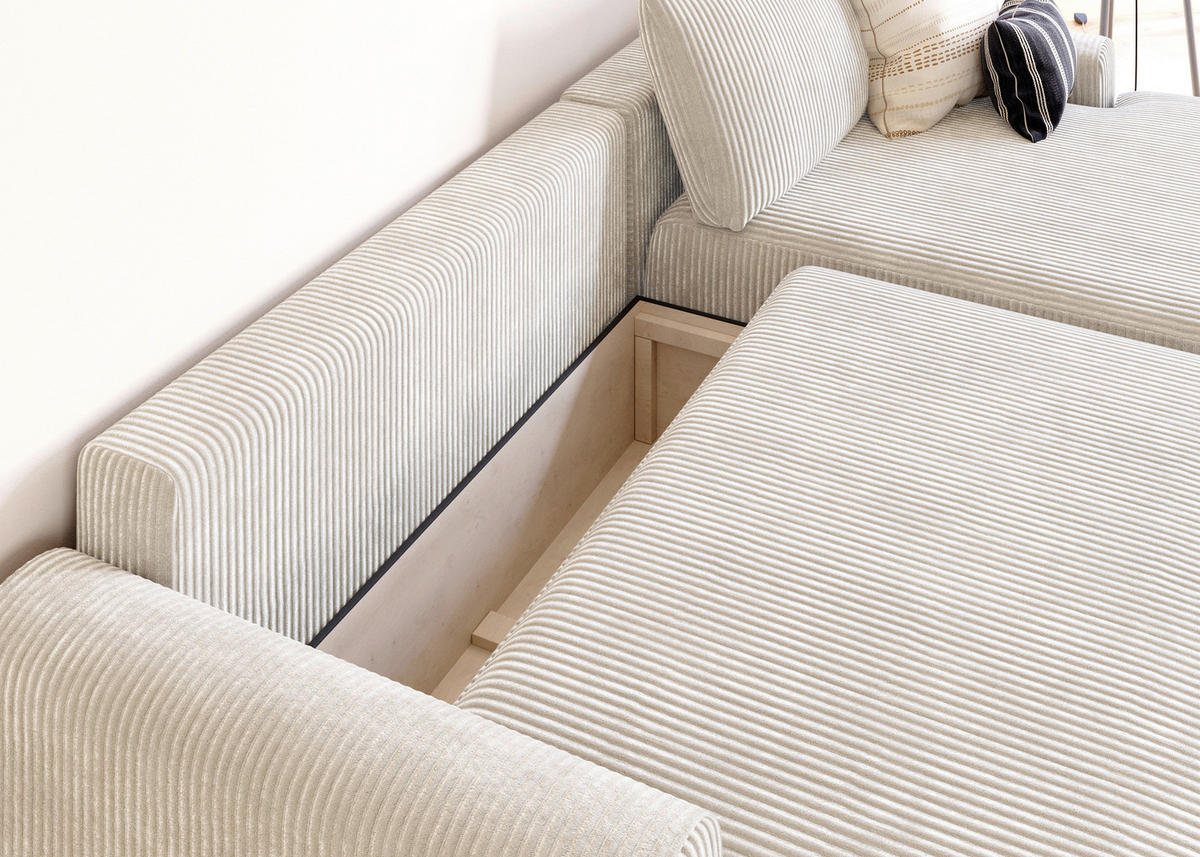ECKSCHLAFSOFA in Cord Creme  - Creme/Schwarz, MODERN, Kunststoff/Textil (253/167cm) - Trendmanufaktur