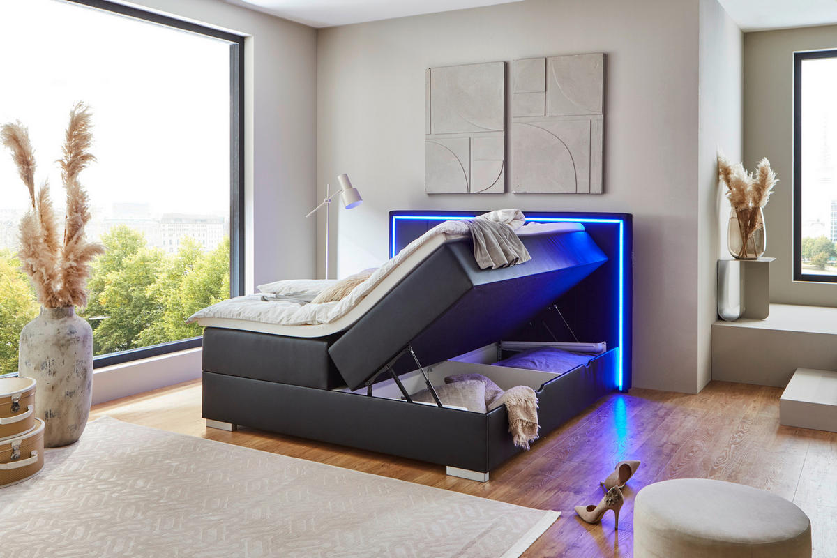 BOXSPRINGBETT 180/200 cm,  in Schwarz, Beleuchtung, Bettkasten, Topper, H3 + H3 = fest  - Silberfarben/Schwarz, Design, Holz/Textil (180/200cm) - Boxxx