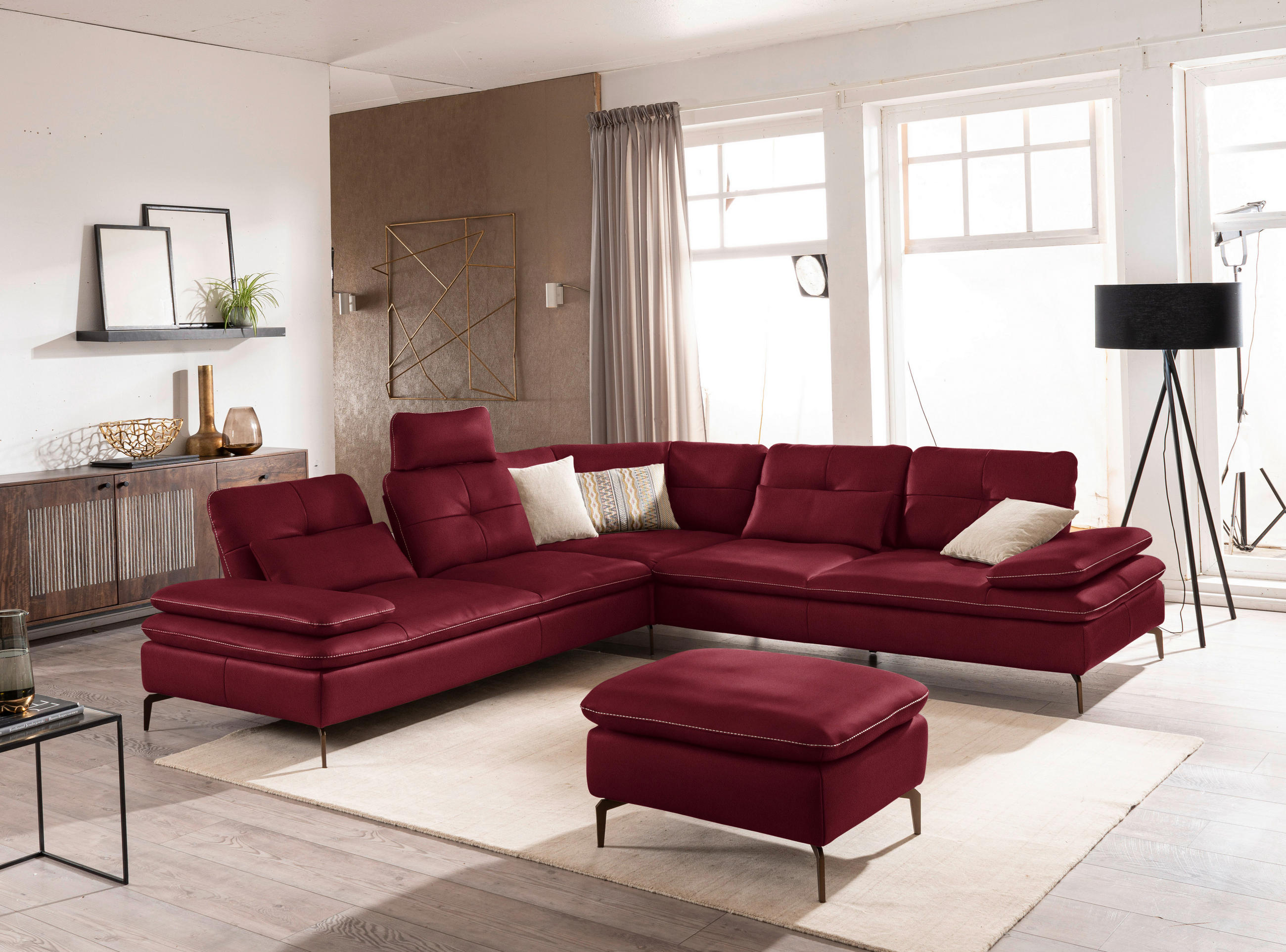 ECKSOFA in Echtleder Rot  - Beige/Rot, Design, Leder/Metall (298/298cm) - Chilliano