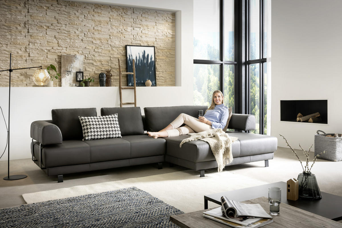 ECKSOFA in Echtleder Schieferfarben  - Schieferfarben/Schwarz, Design, Leder/Metall (307/188cm)