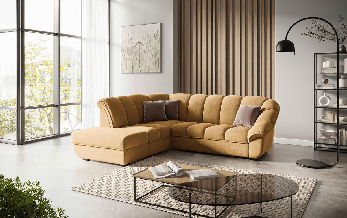 ECKSOFA Senfgelb Chenille Bettkasten, Schlaffunktion, Rücken echt  - Senfgelb/Schwarz, KONVENTIONELL, Kunststoff/Textil (222/260cm) - Welnova