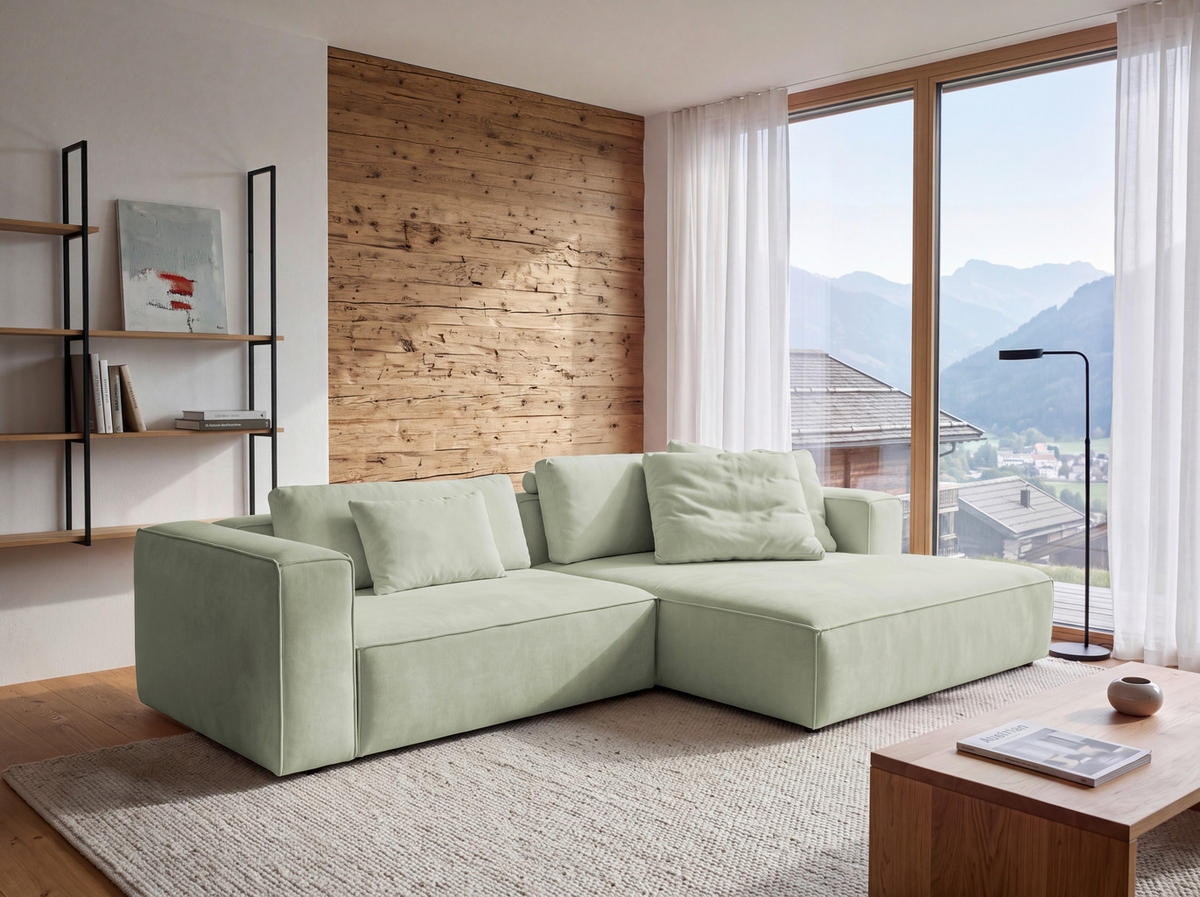 ECKSOFA Hellgrün Chenille Rücken echt  - Schwarz/Hellgrün, MODERN, Kunststoff/Textil (296/185cm) - Hom`in