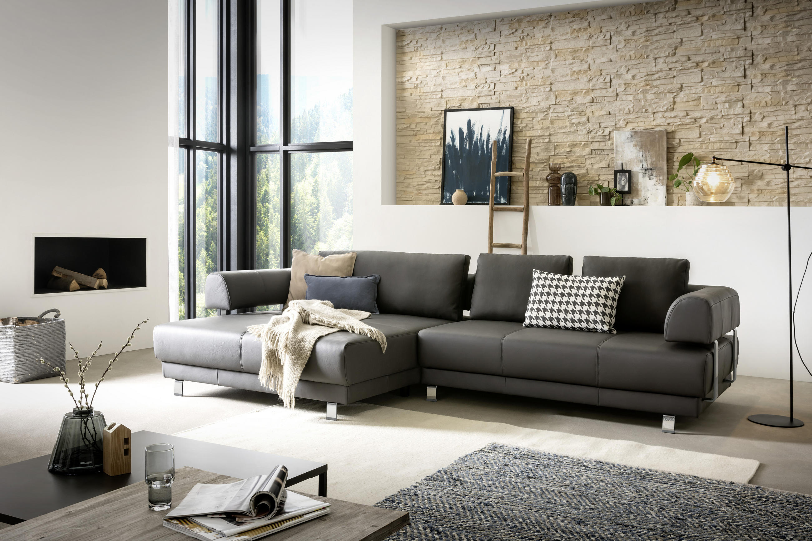 ECKSOFA Schieferfarben Echtleder  - Chromfarben/Schieferfarben, Design, Leder/Metall (188/307cm)
