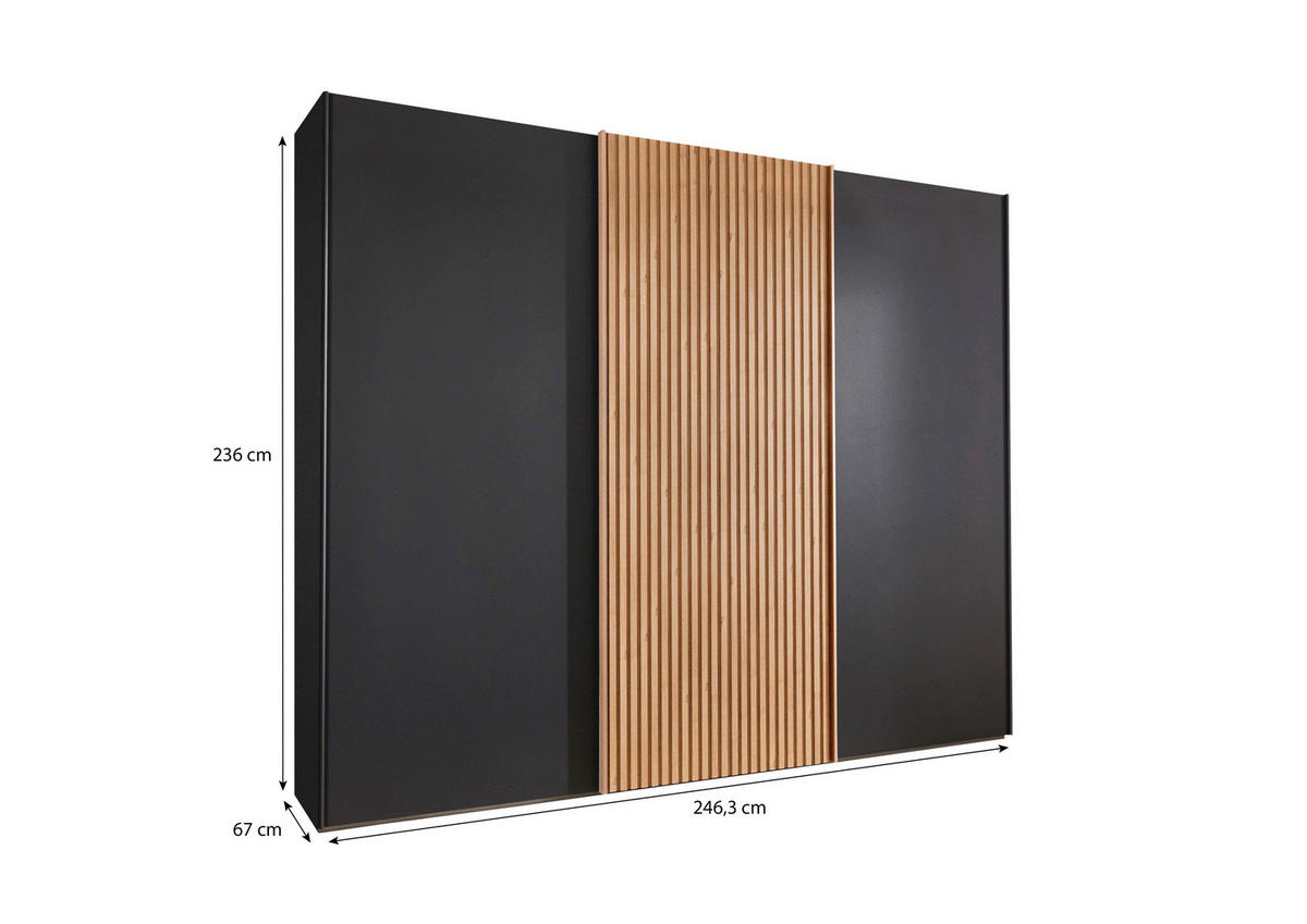 SCHWEBETÜRENSCHRANK 250/236/67 cm 3-türig Graphitfarben, Eiche Bianco  - Eiche Bianco/Graphitfarben, Design, Holz/Holzwerkstoff (250/236/67cm) - Novel