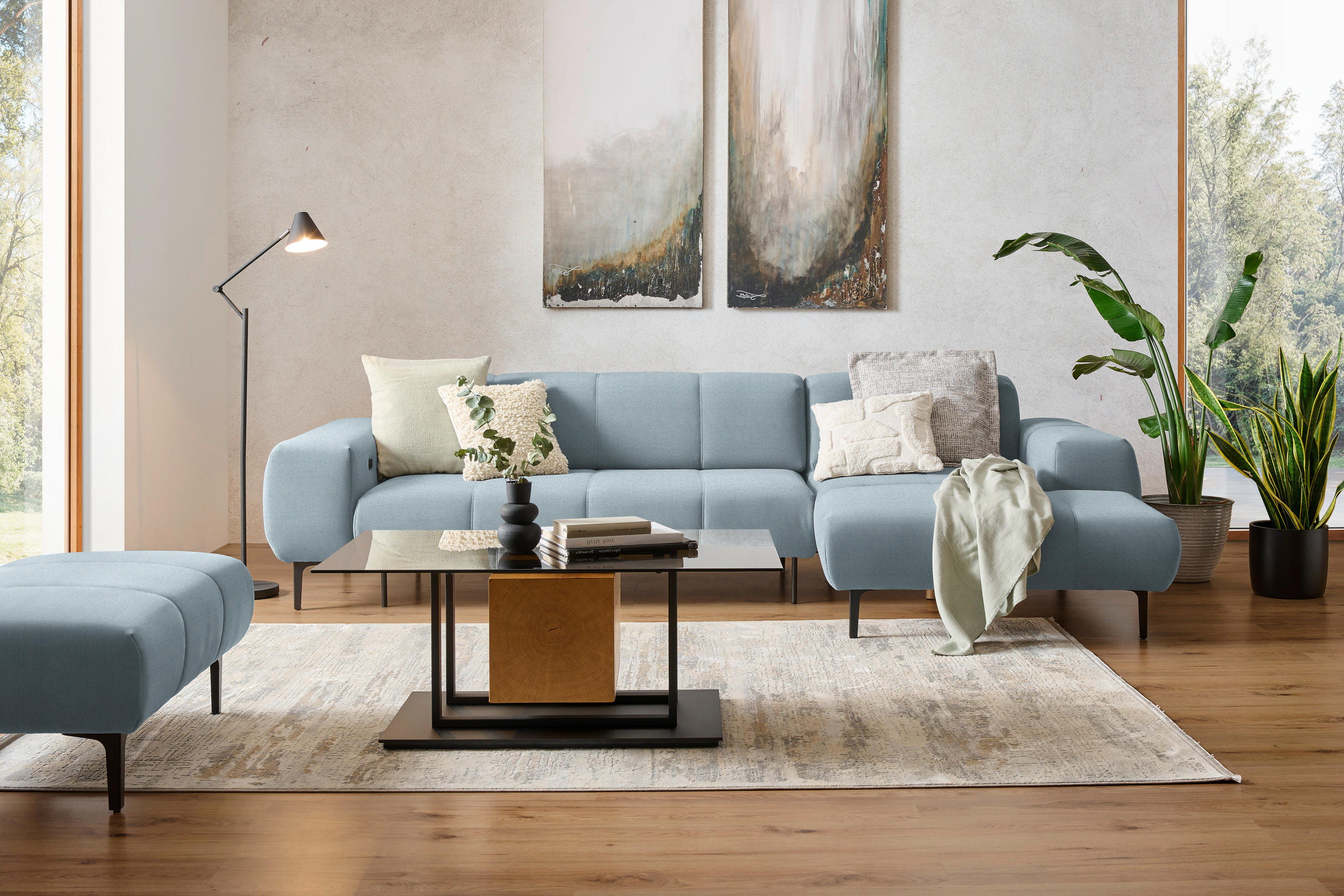 ECKSOFA in Chenille Pastellblau  - Pastellblau/Schwarz, Design, Textil/Metall (311/167cm) - Xora
