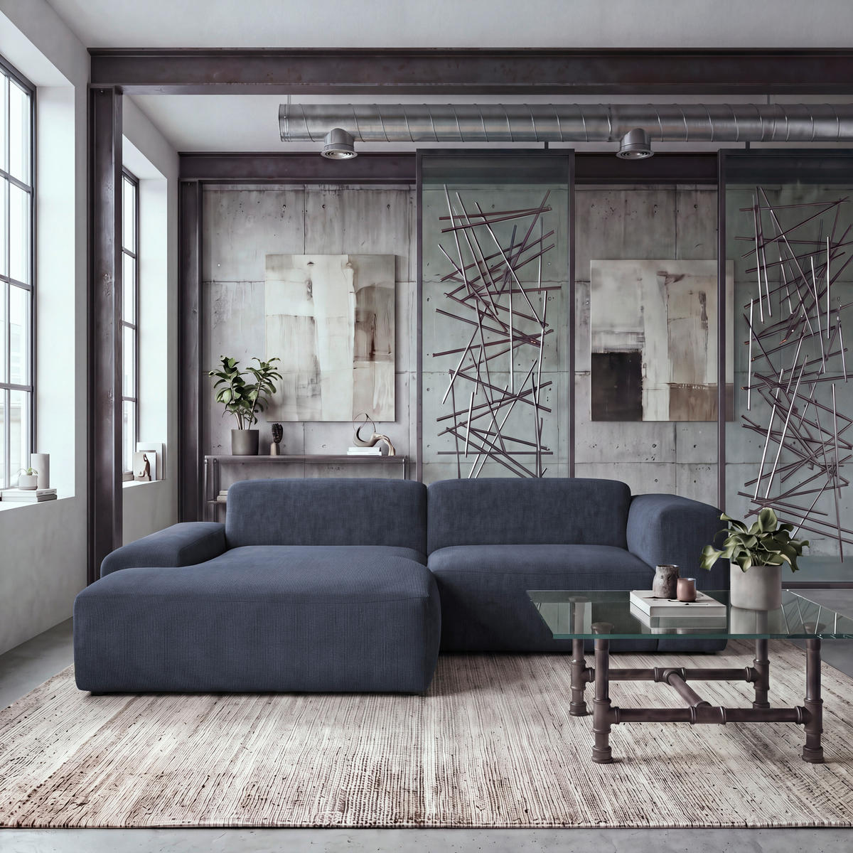 ECKSOFA HANNAH Blau Cord  - Blau/Schwarz, Design, Kunststoff/Textil (170/252cm) - MID.YOU
