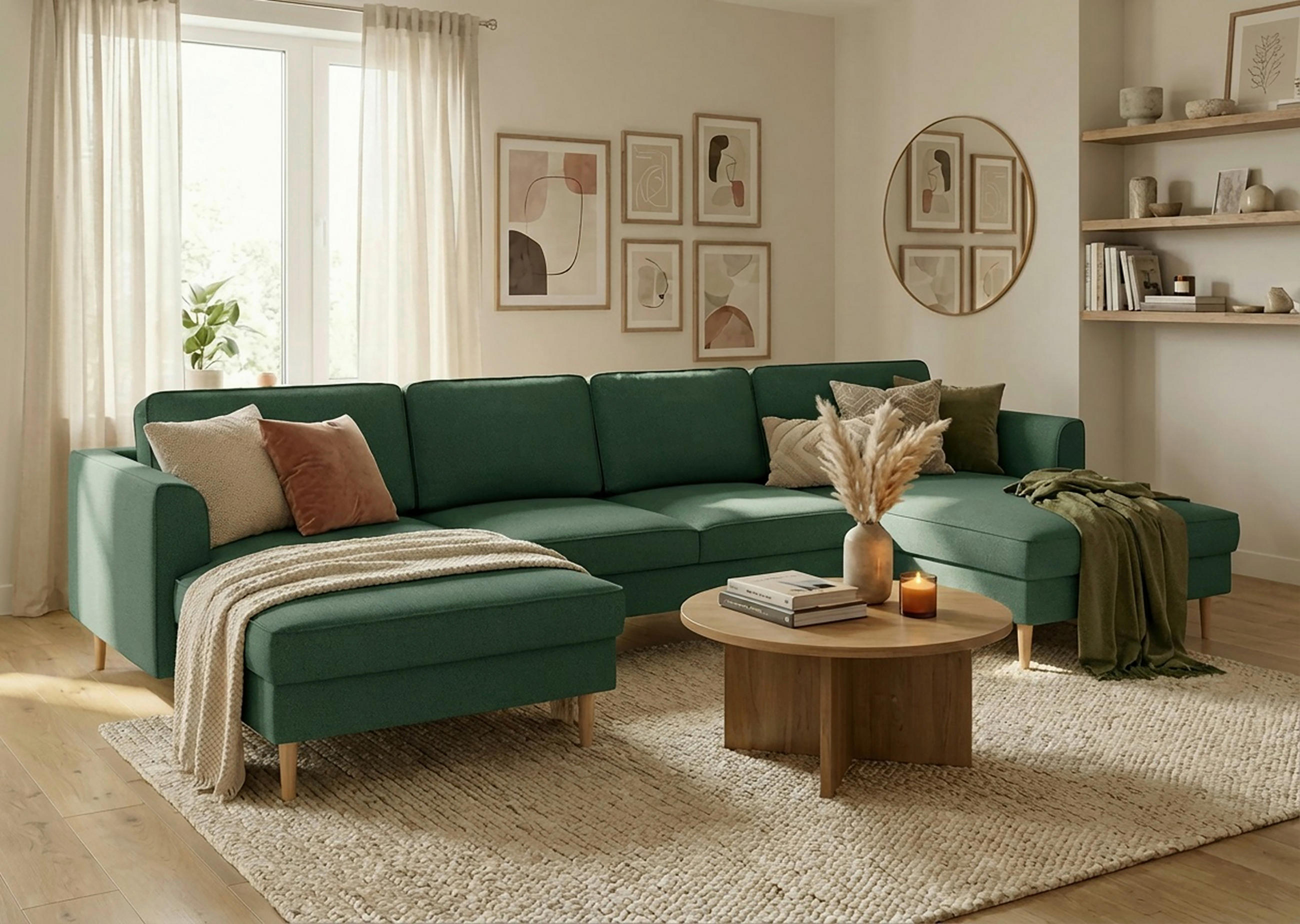 WOHNLANDSCHAFT Struktur Dunkelgrün  - Dunkelgrün/Buchefarben, Modern, Holz/Textil (161/306/161cm) - Trendmanufaktur