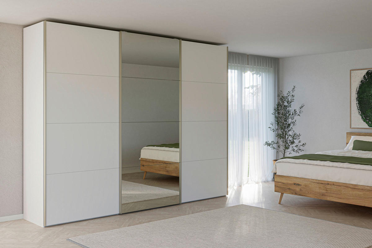 SCHWEBETÜRENSCHRANK 303/236/65 cm 3-türig Weiß  - Edelstahlfarben/Weiß, Design, Glas/Holzwerkstoff (303/236/65cm) - Jutzler