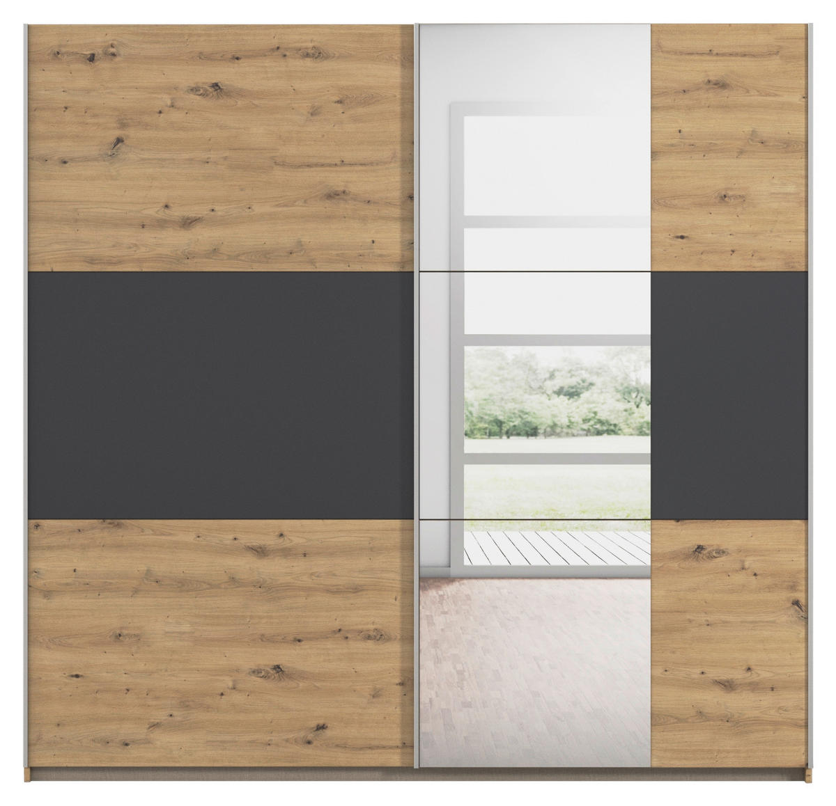 SCHWEBETÜRENSCHRANK 218/210/59 cm 2-türig Grau, Klar, Eiche Artisan  - Klar/Alufarben, KONVENTIONELL, Holzwerkstoff/Metall (218/210/59cm)