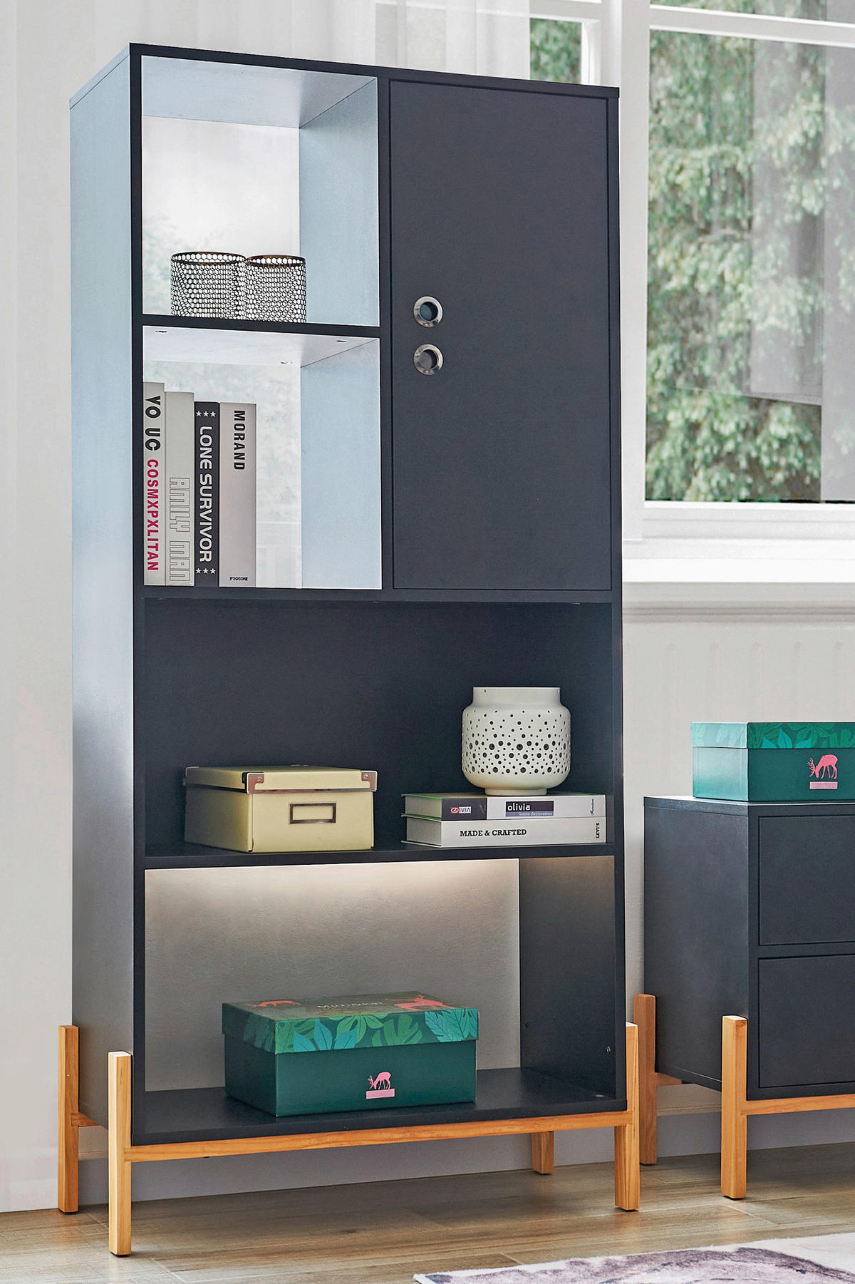 REGAL Schwarz  - Schwarz/Naturfarben, Design, Holz/Holzwerkstoff (72,5/154/35,5cm) - Livetastic