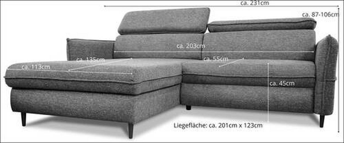 ECKSOFA inkl. Funktionen Ecru Struktur Bettkasten, Schlaffunktion, Rücken echt, Kopfteilverstellung  - Ecru/Schwarz, Design, Holz/Textil (185/232cm) - Stylife