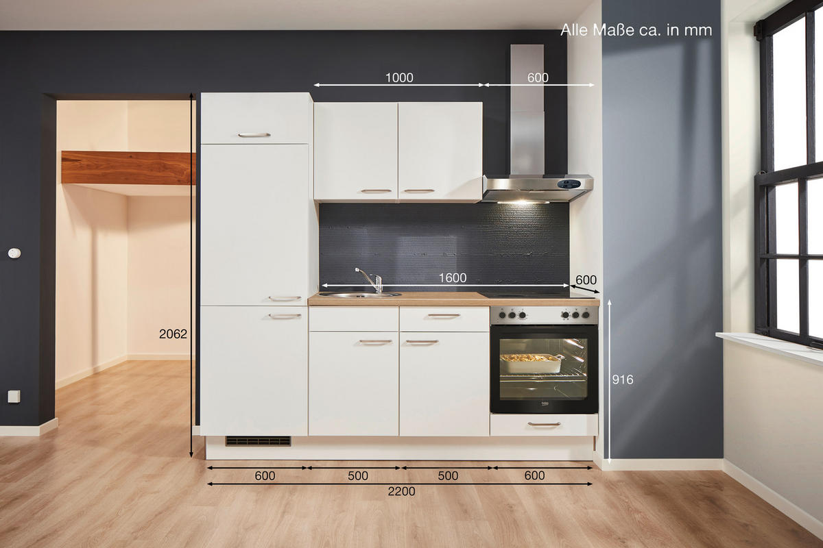 KÜCHENBLOCK 220 cm   in Weiß, Eichefarben  - Edelstahlfarben/Eichefarben, Design, Holzwerkstoff/Metall (220cm) - Pino