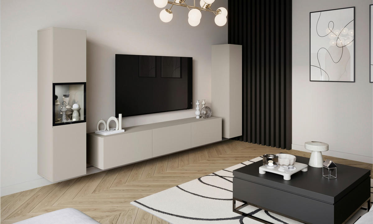 WOHNWAND Berlin 3-teilig  in Kaschmir  240/130/31 cm   - Kaschmir/Grau, Design, Glas/Holzwerkstoff (240/130/31cm) - P & B