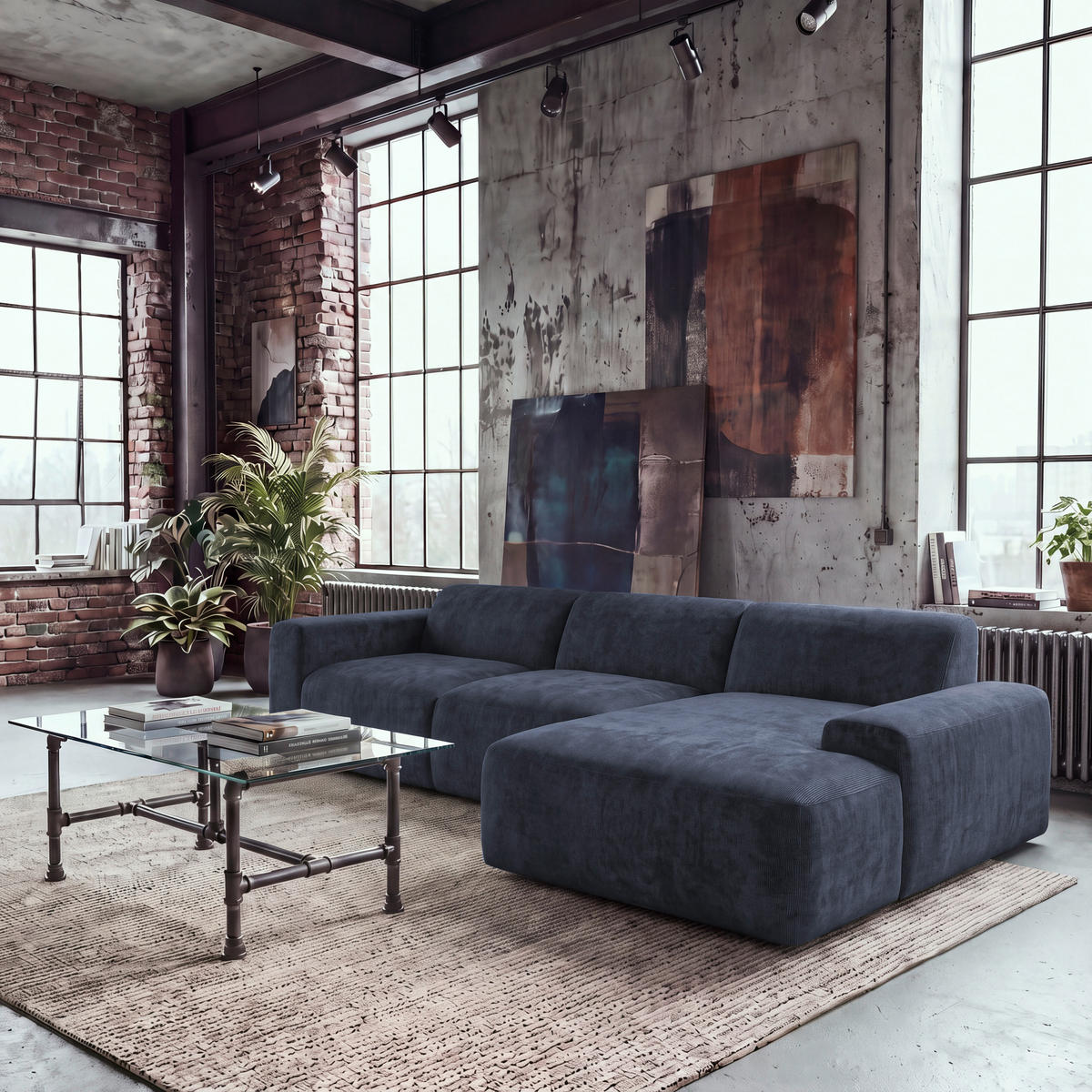 ECKSOFA HANNAH Blau Cord  - Blau/Schwarz, Design, Kunststoff/Textil (343/170cm) - MID.YOU