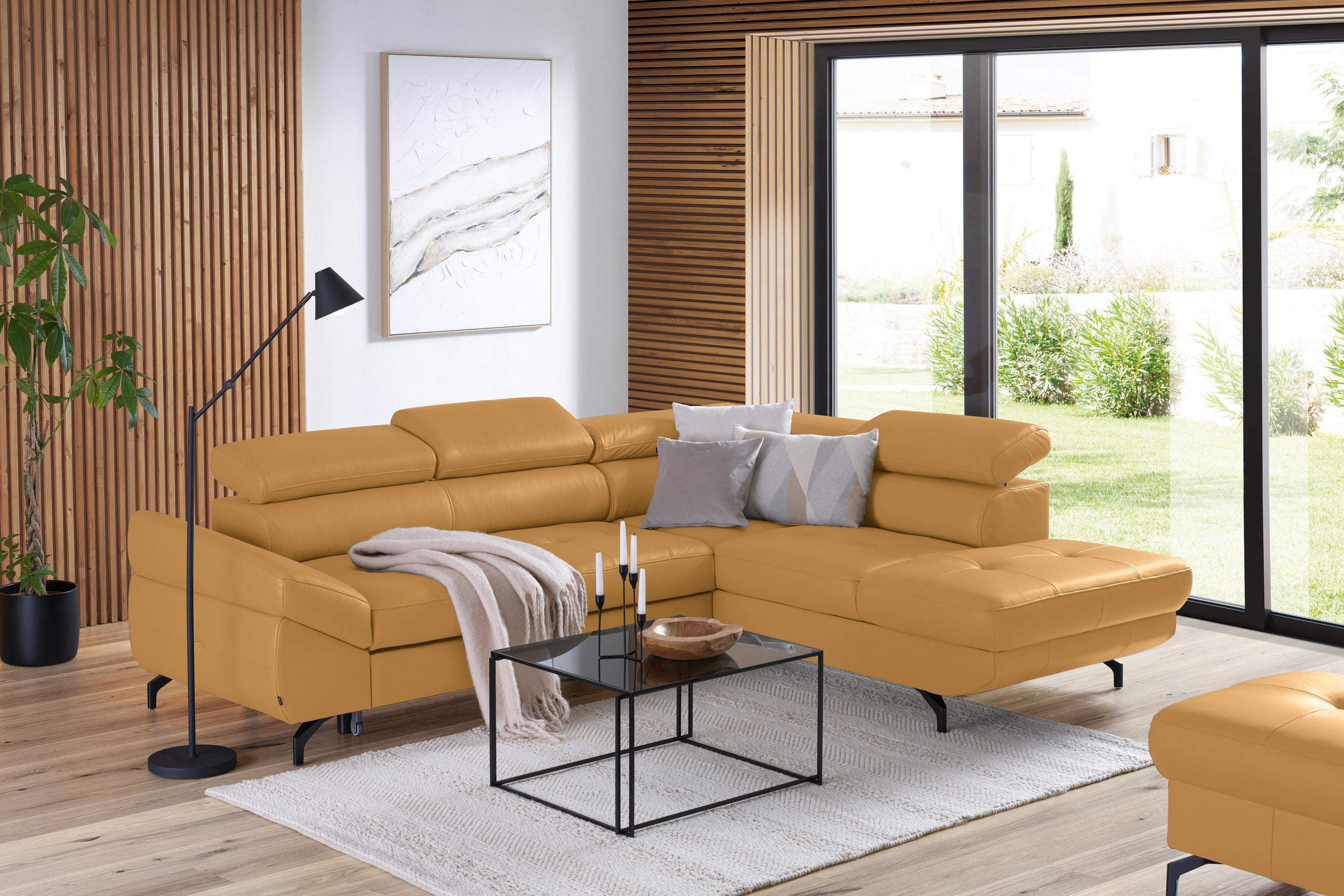 ECKSOFA Senfgelb Echtleder  - Senfgelb/Schwarz, Design, Leder/Metall (270/220cm) - Novel