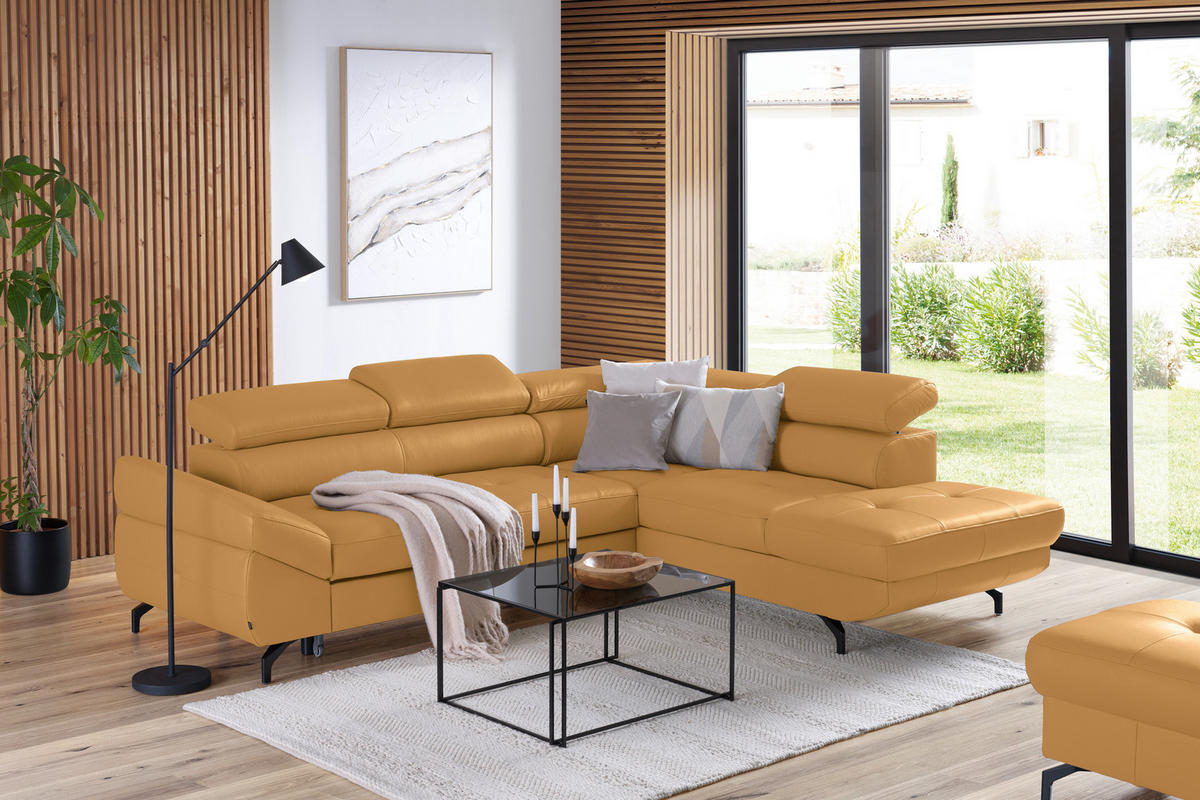 ECKSOFA in Echtleder Senfgelb  - Senfgelb/Schwarz, Design, Leder/Metall (270/220cm) - Novel