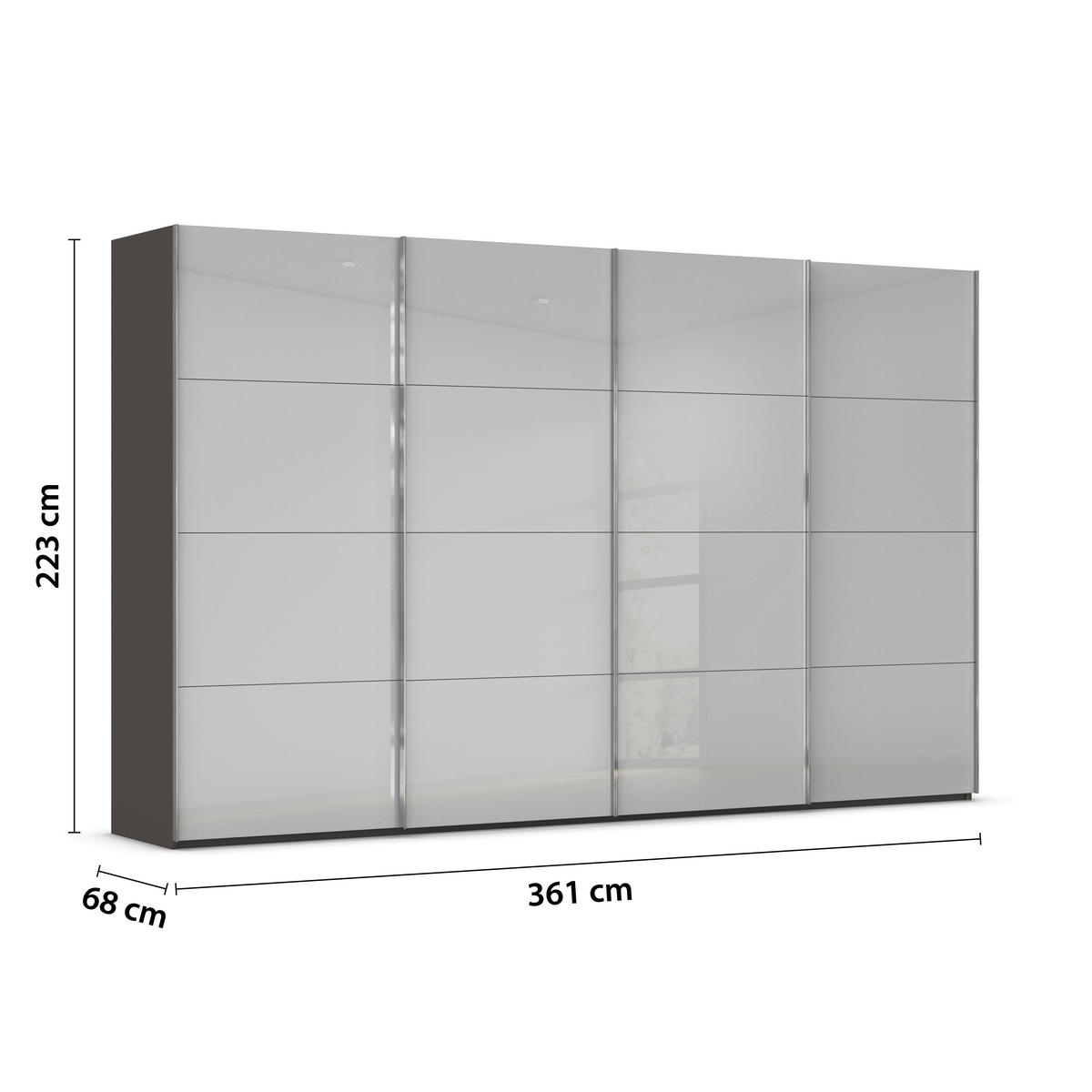SCHWEBETÜRENSCHRANK 361/223/68 cm 4-türig Graphitfarben, Seidengrau  - Chromfarben/Seidengrau, Design, Glas/Holzwerkstoff (361/223/68cm) - Novel