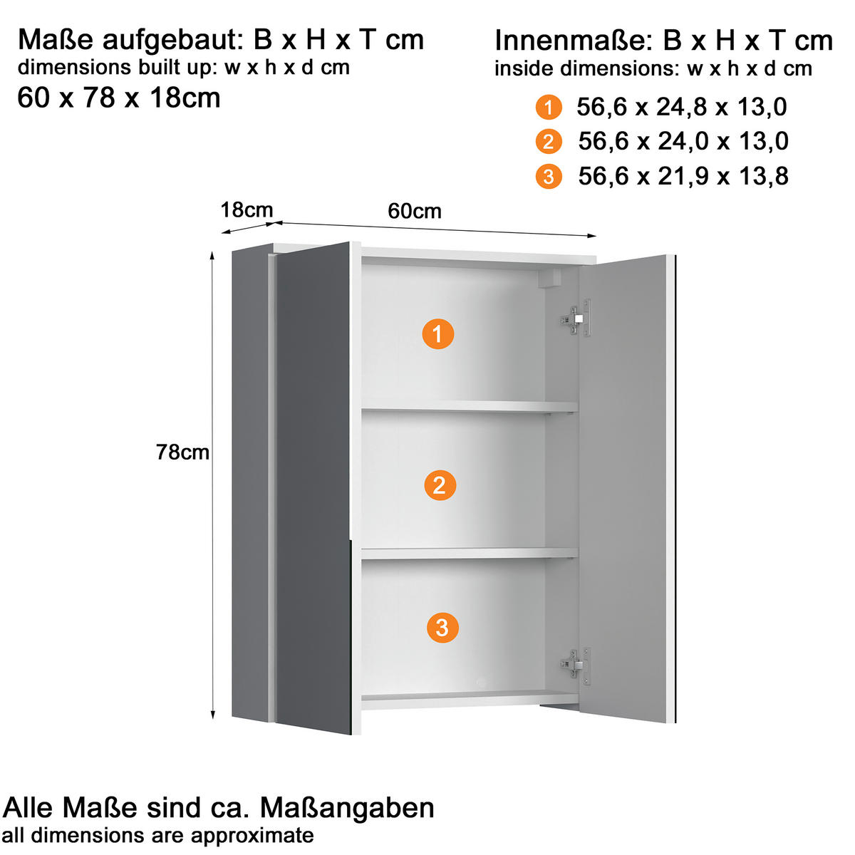 SPIEGELSCHRANK 60/78/18 cm  - Weiß Hochglanz/Weiß, Trend, Glas/Holzwerkstoff (60/78/18cm) - MID.YOU