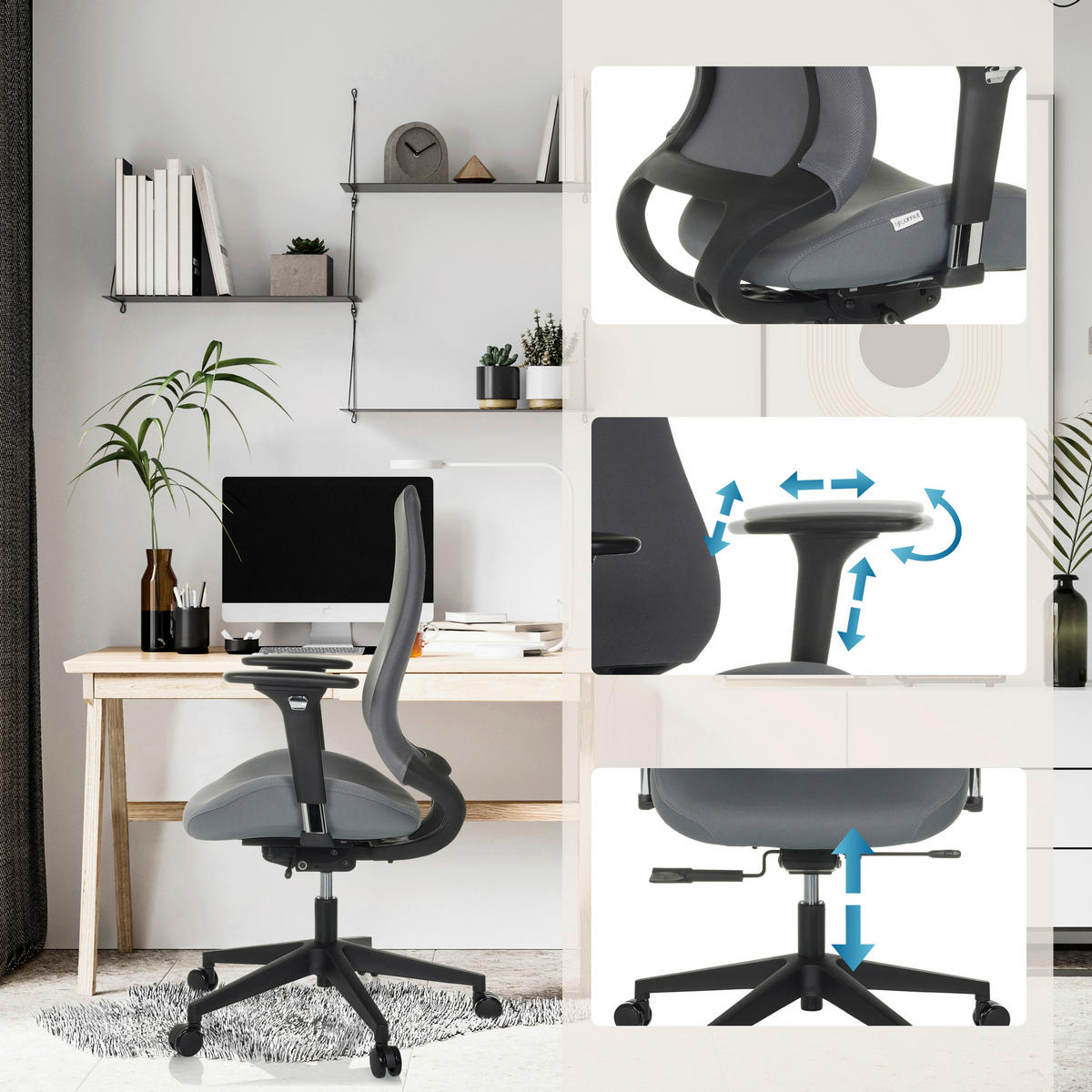 OTOČNÁ ŽIDLE, plochá tkanina, šedá - šedá/černá, Moderní, textil/plast (67/111 - 120/64cm) - MID.YOU
