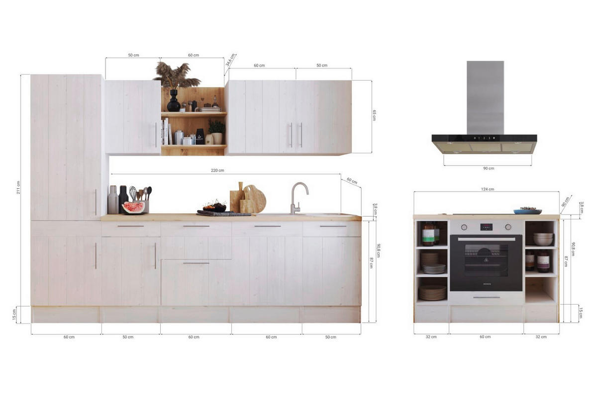 KÜCHENBLOCK 280-124 cm   in Weiß, Lärchefarben  - Wildeiche/Edelstahlfarben, LIFESTYLE, Holzwerkstoff/Metall (280-124cm) - Respekta