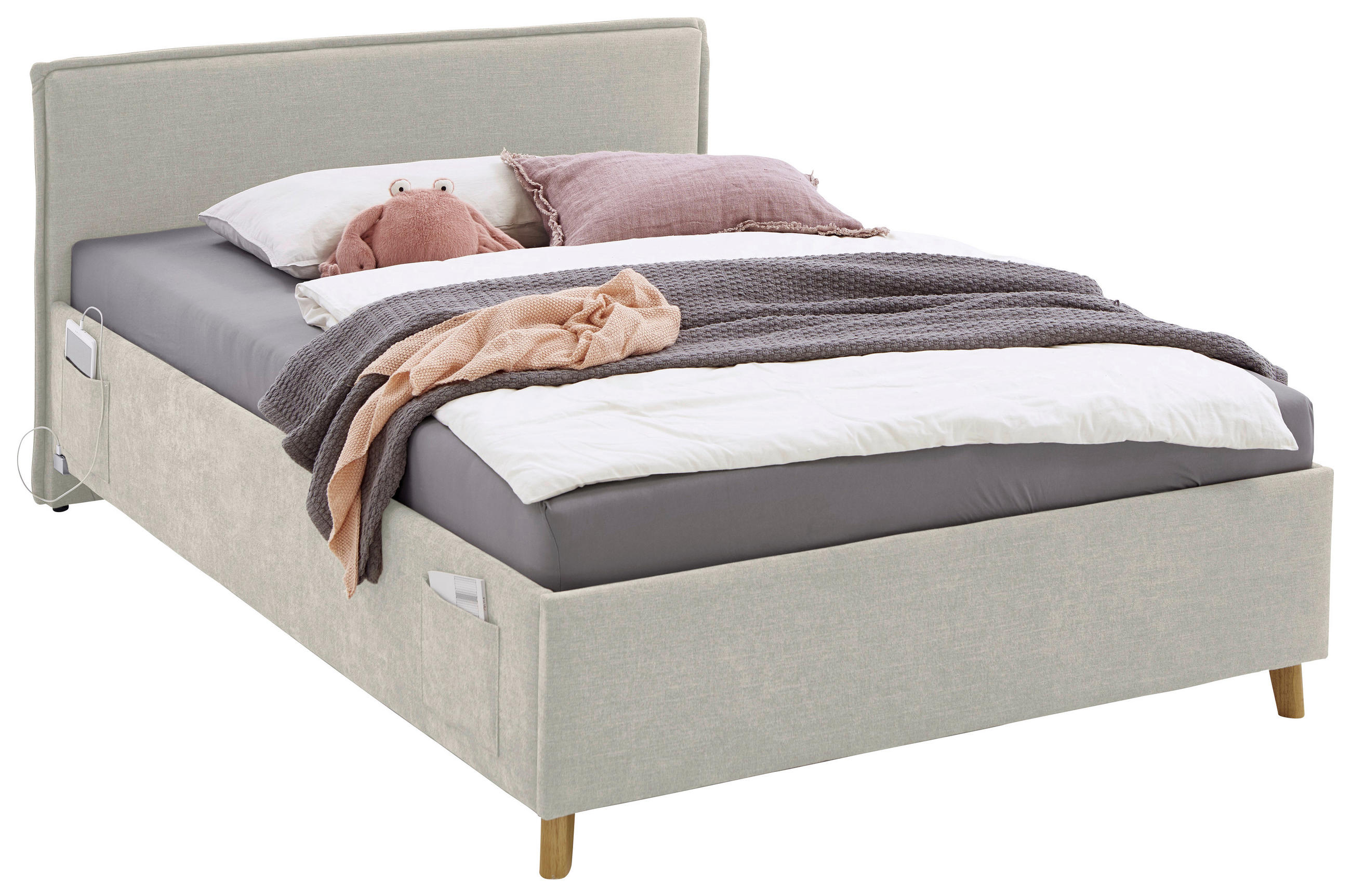 POLSTERBETT Lattenrost, Bettkasten 90/200 cm  in Beige  - Eichefarben/Birkefarben, KONVENTIONELL, Holz/Textil (90/200cm) - Stylife