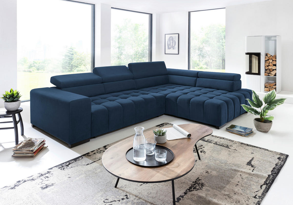 ECKSCHLAFSOFA in Blau Textil   - Blau/Schwarz, Design, Holz/Textil (307/201cm) - Livetastic